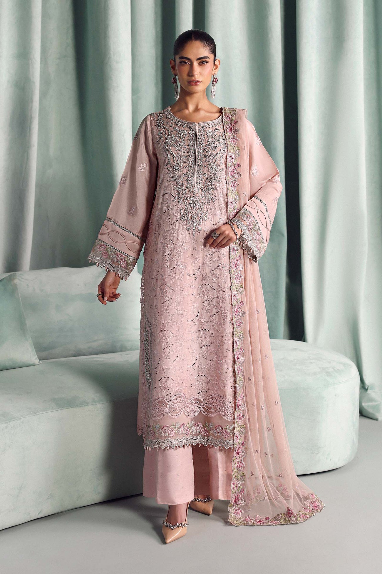 3 Piece Embroidered Tissue Silk Suit