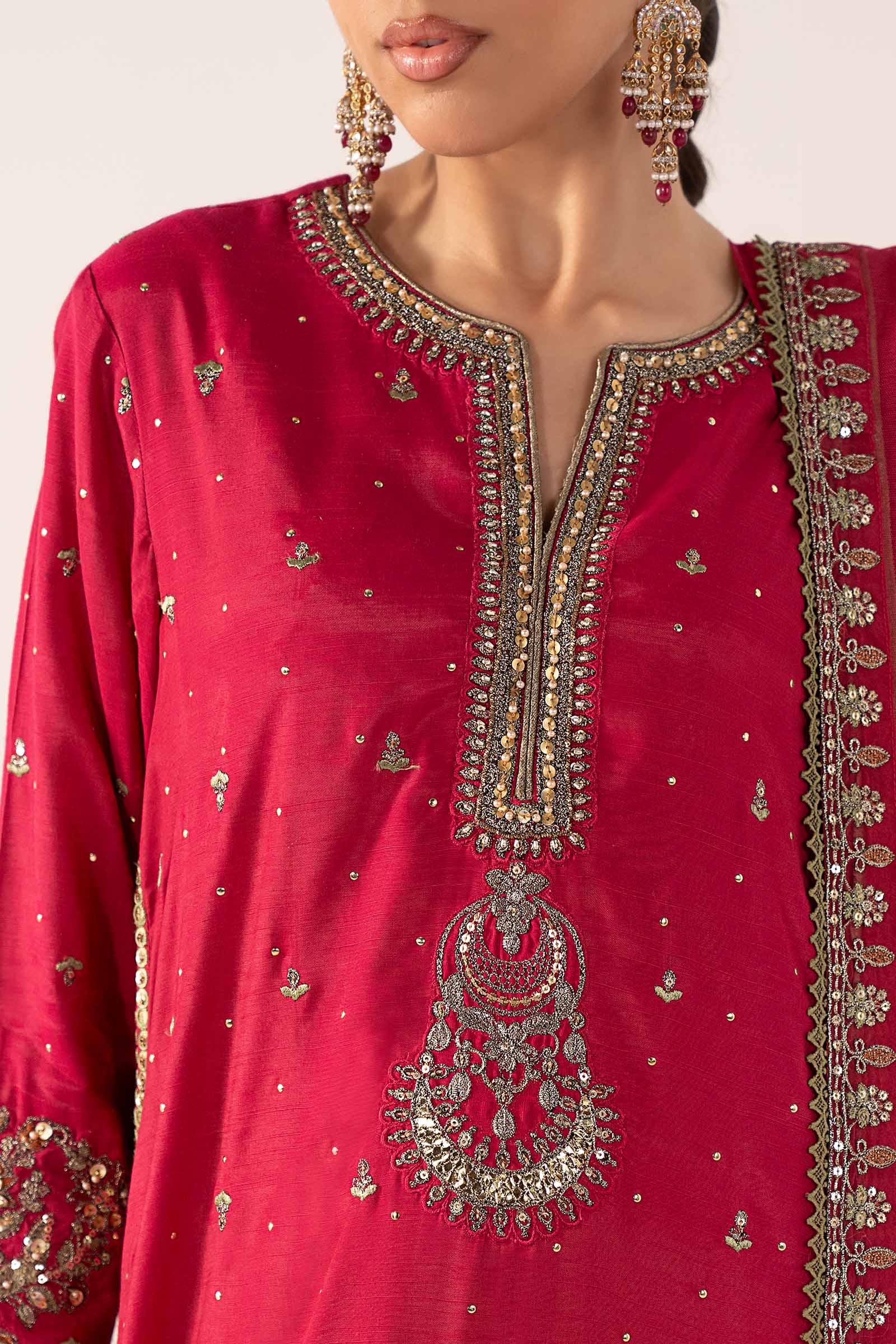 3 Piece Embroidered Raw Silk Suit