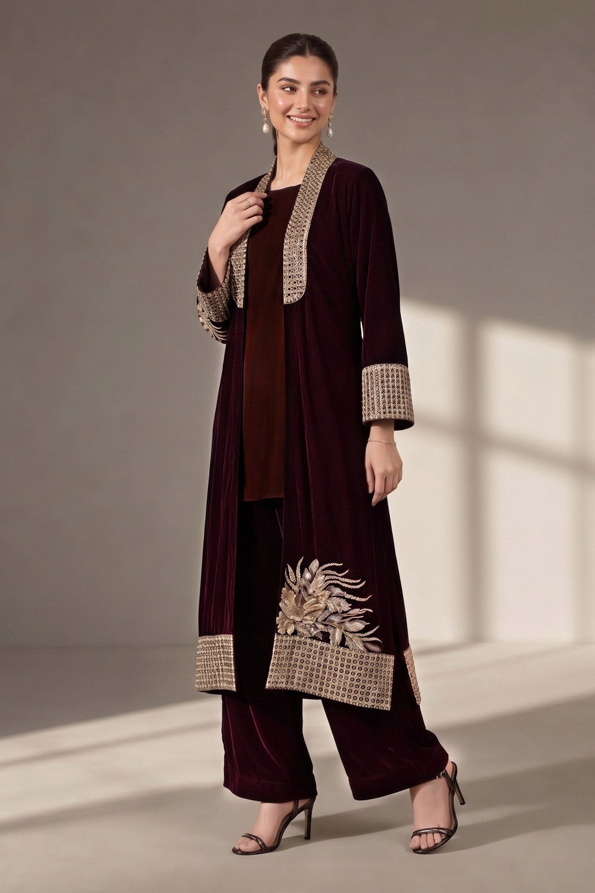 3 Piece Embroidered Velvet Suit