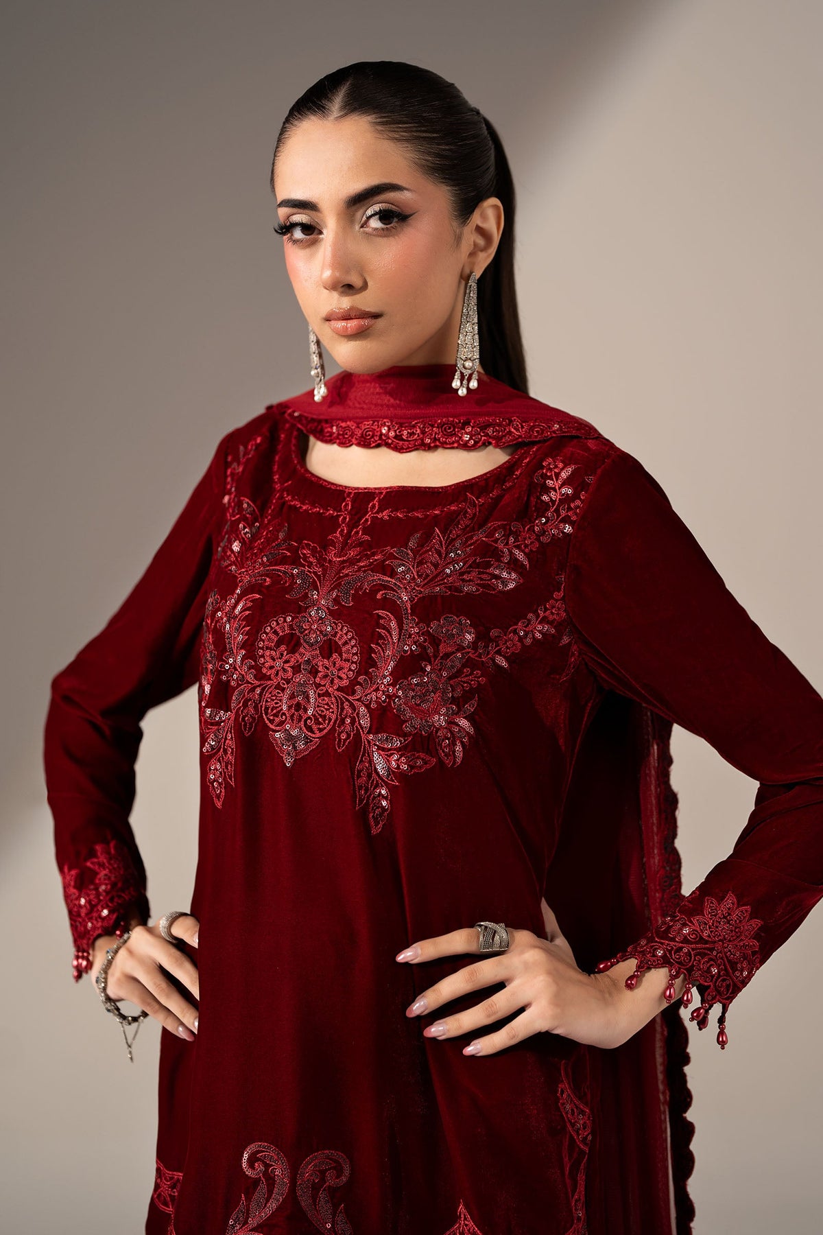 3 Piece Embroidered Velvet Suit