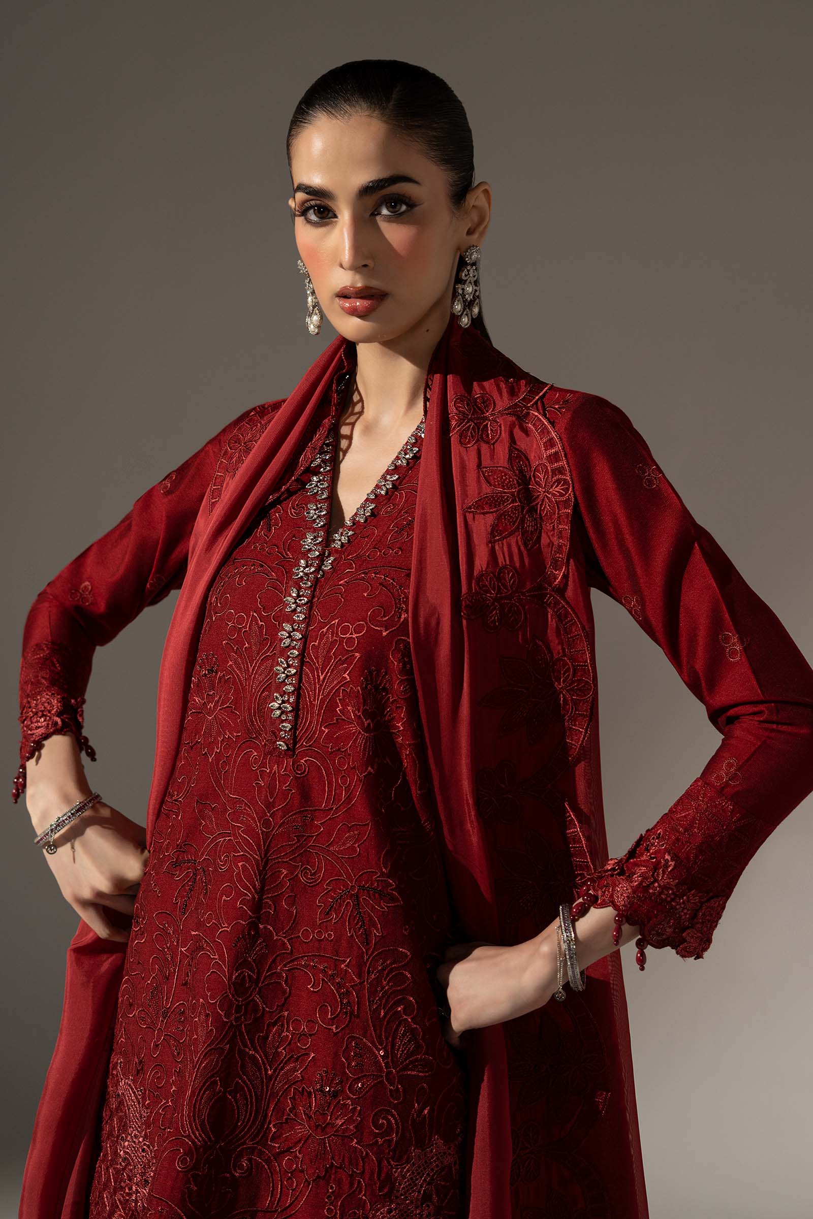 3 Piece Embroidered Black Warp Silk Suit
