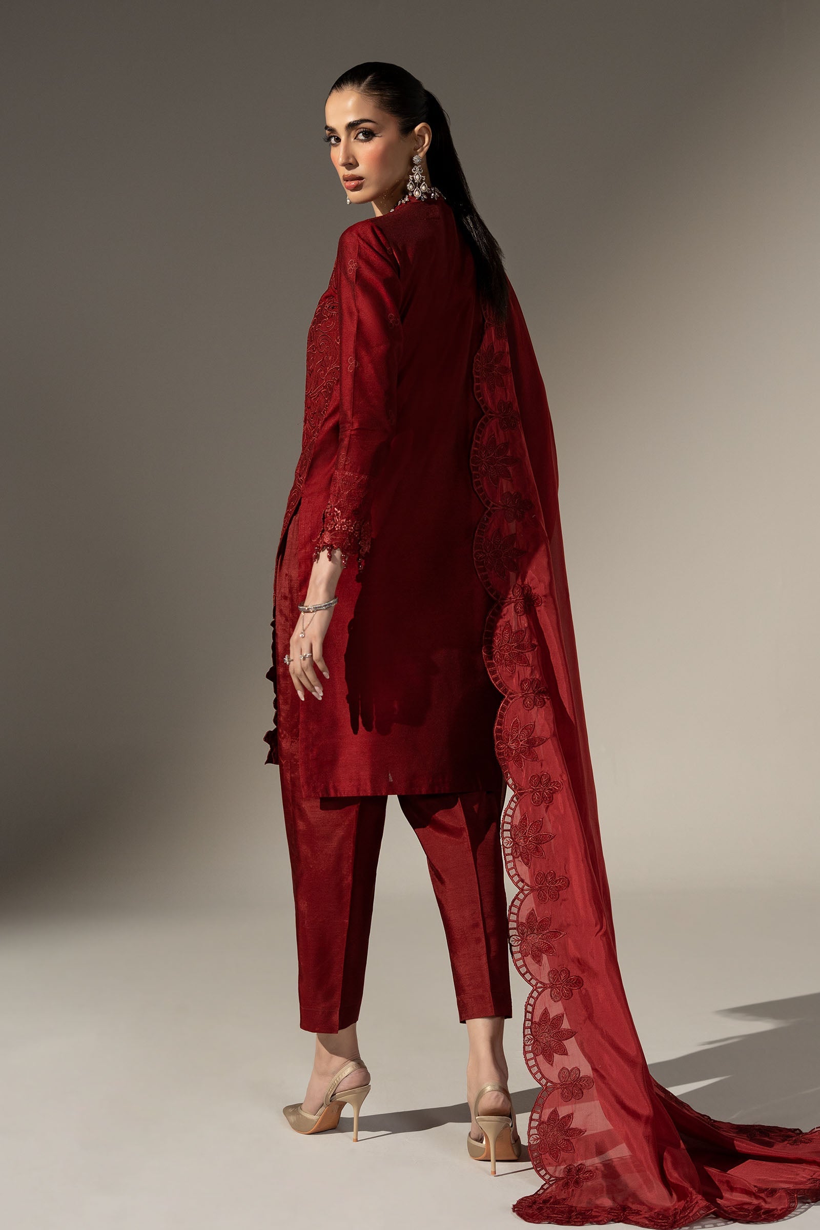 3 Piece Embroidered Black Warp Silk Suit