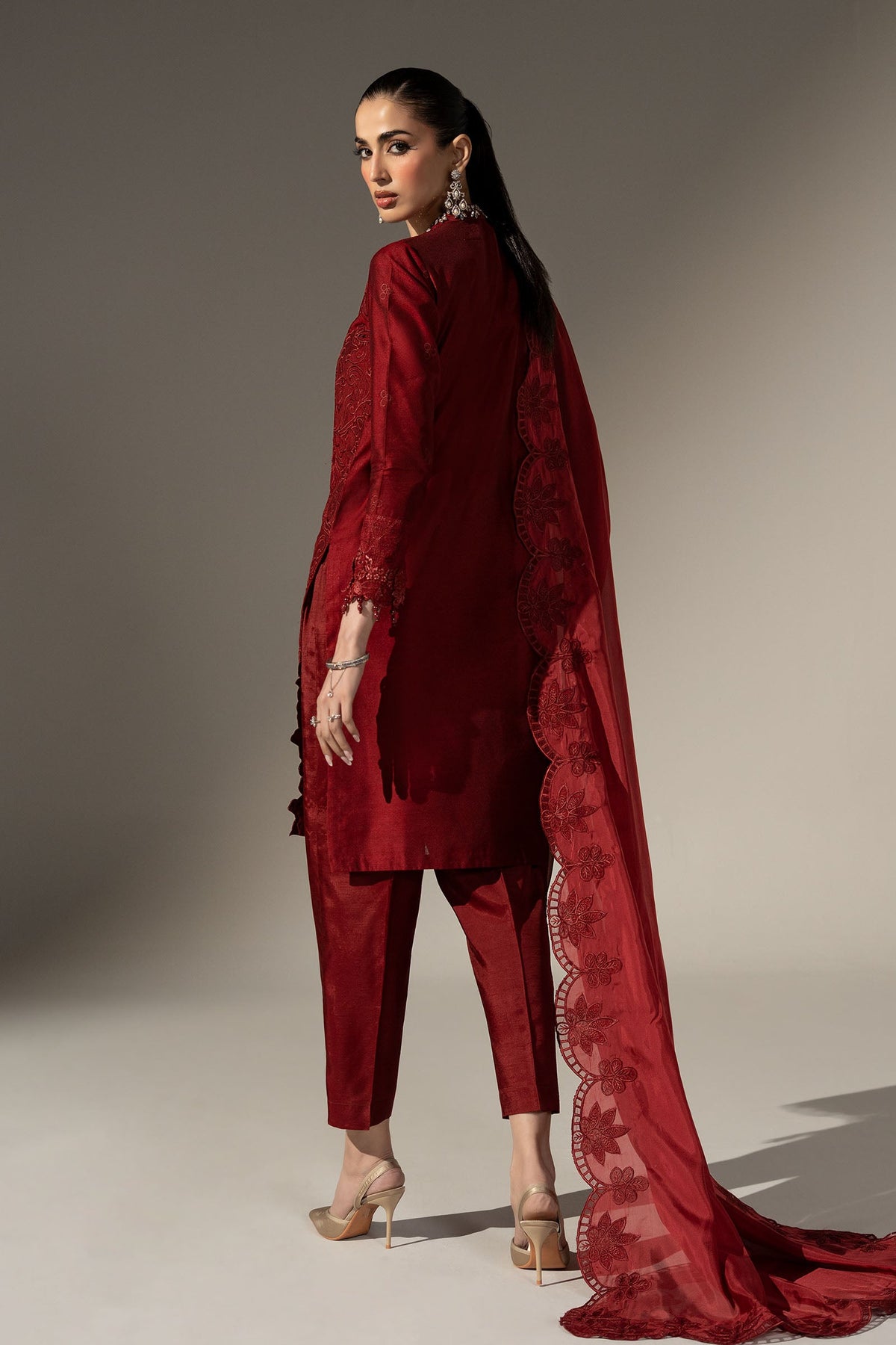 3 Piece Embroidered Black Warp Silk Suit