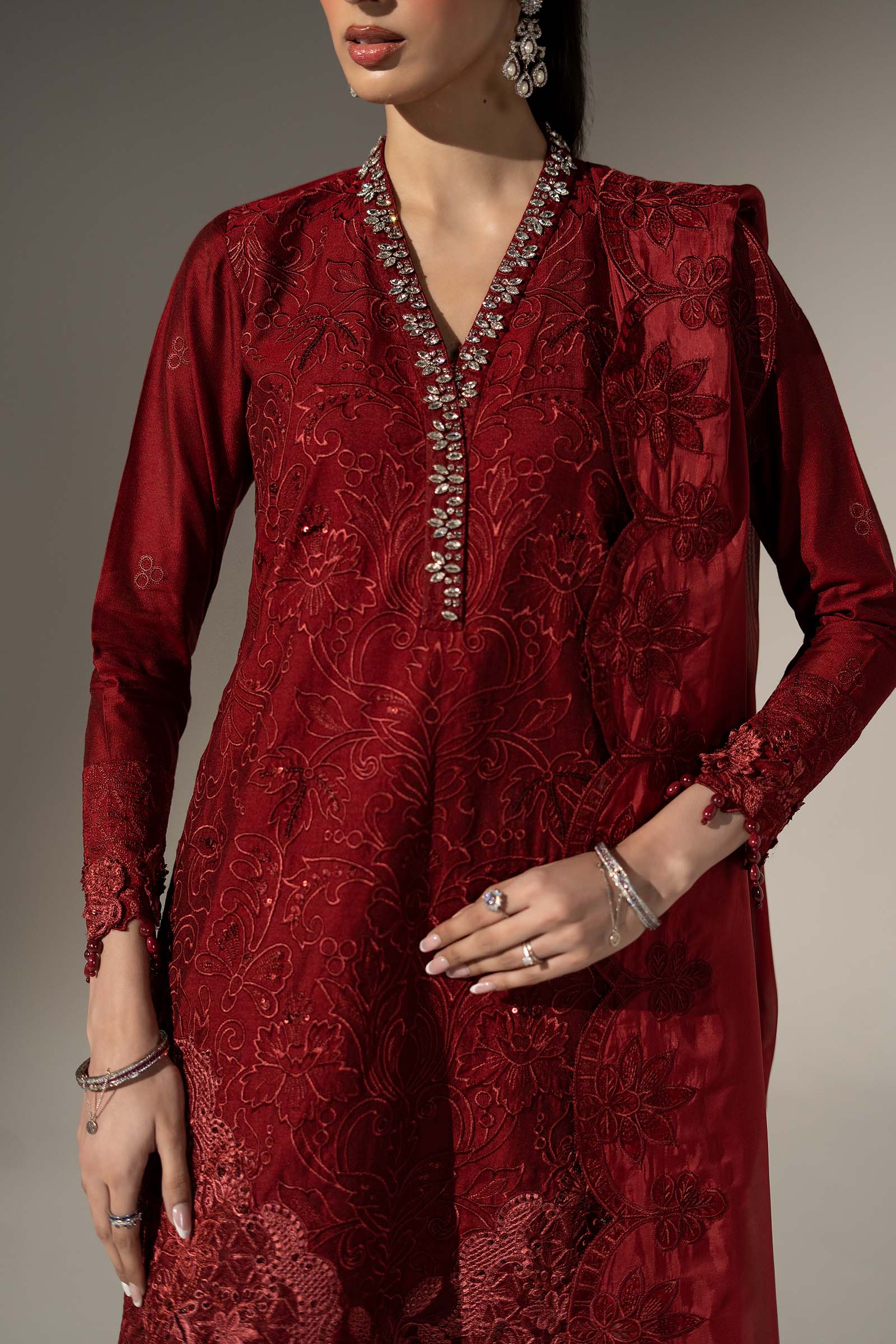 3 Piece Embroidered Black Warp Silk Suit