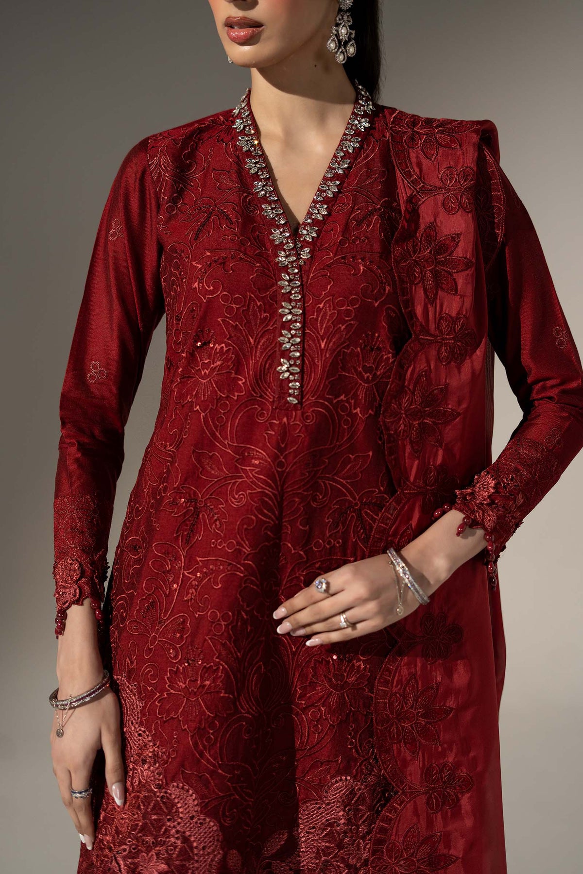 3 Piece Embroidered Black Warp Silk Suit