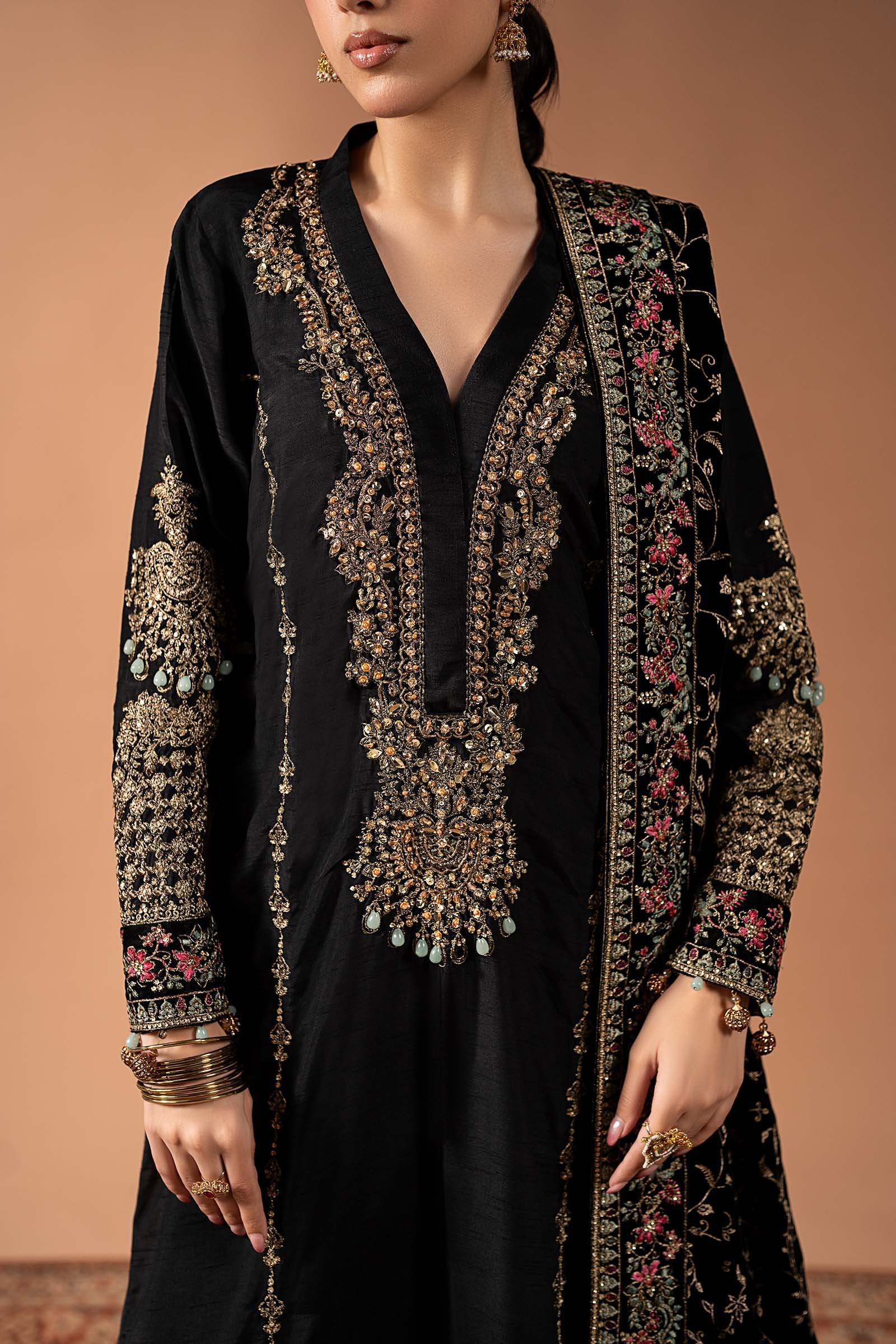 3 Piece Embroidered Raw Silk Suit