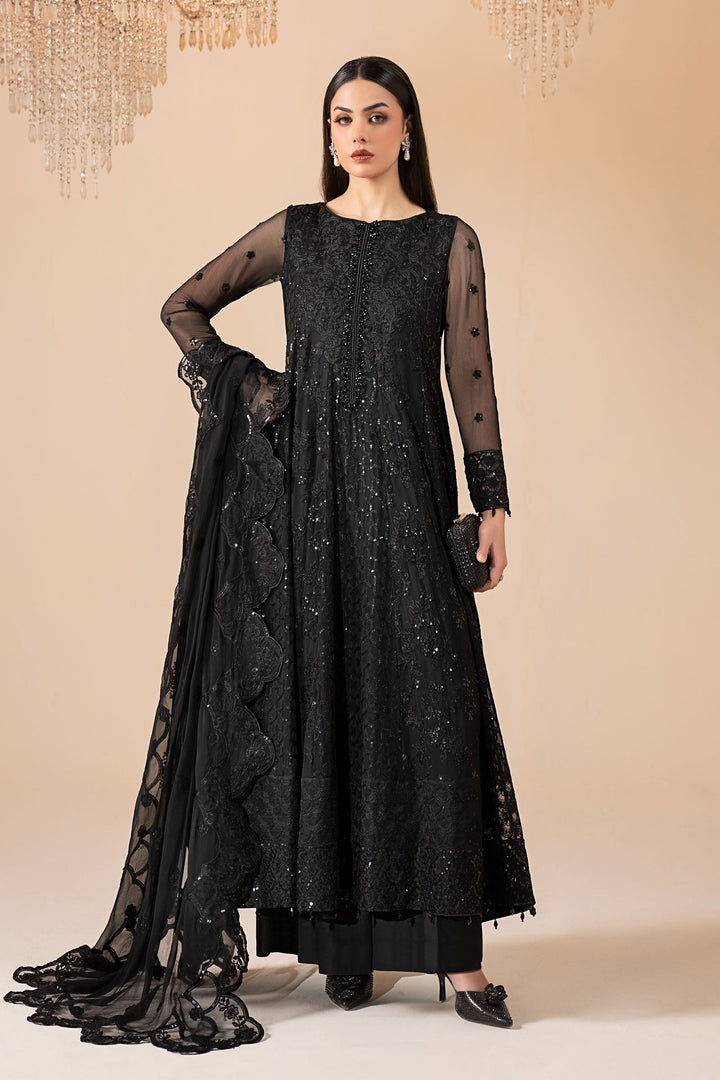 3 Piece Embroidered Chiffon Suit All Products SFA12R1-ESM-BLK