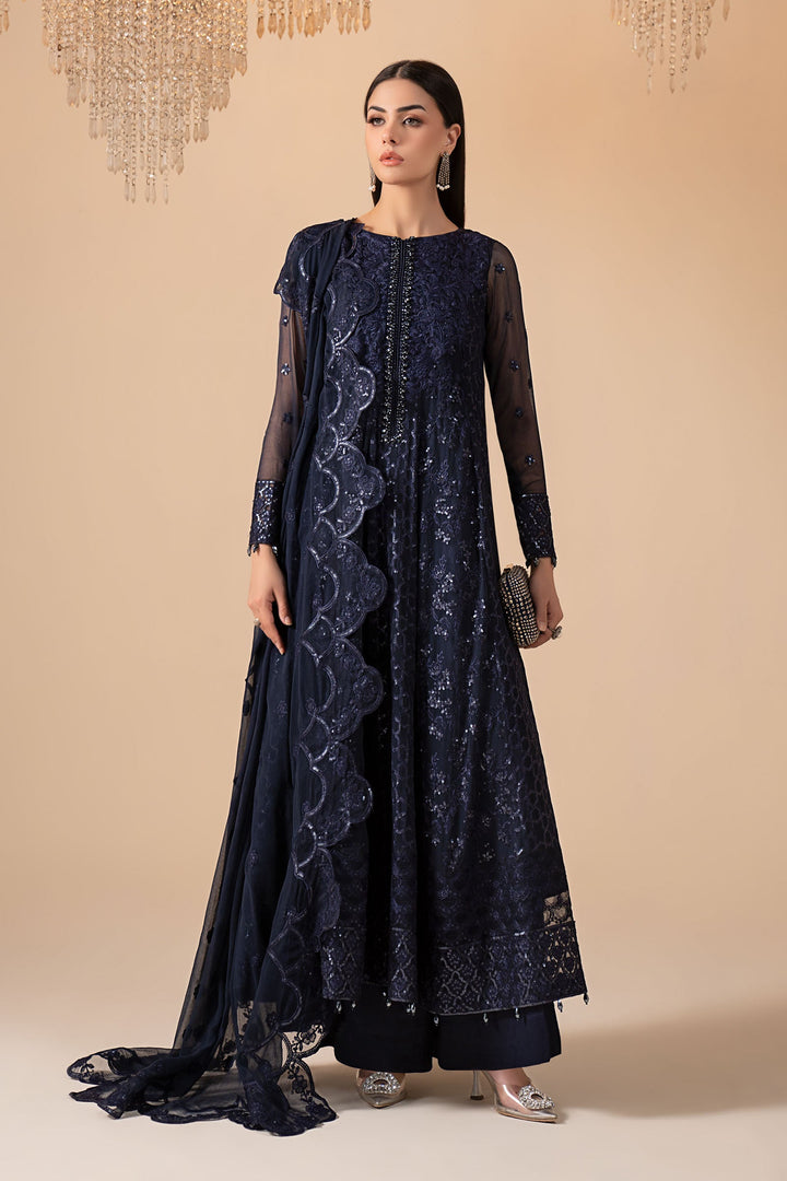 3 Piece Embroidered Chiffon Suit All Products SFA12R1-ESM-BLU