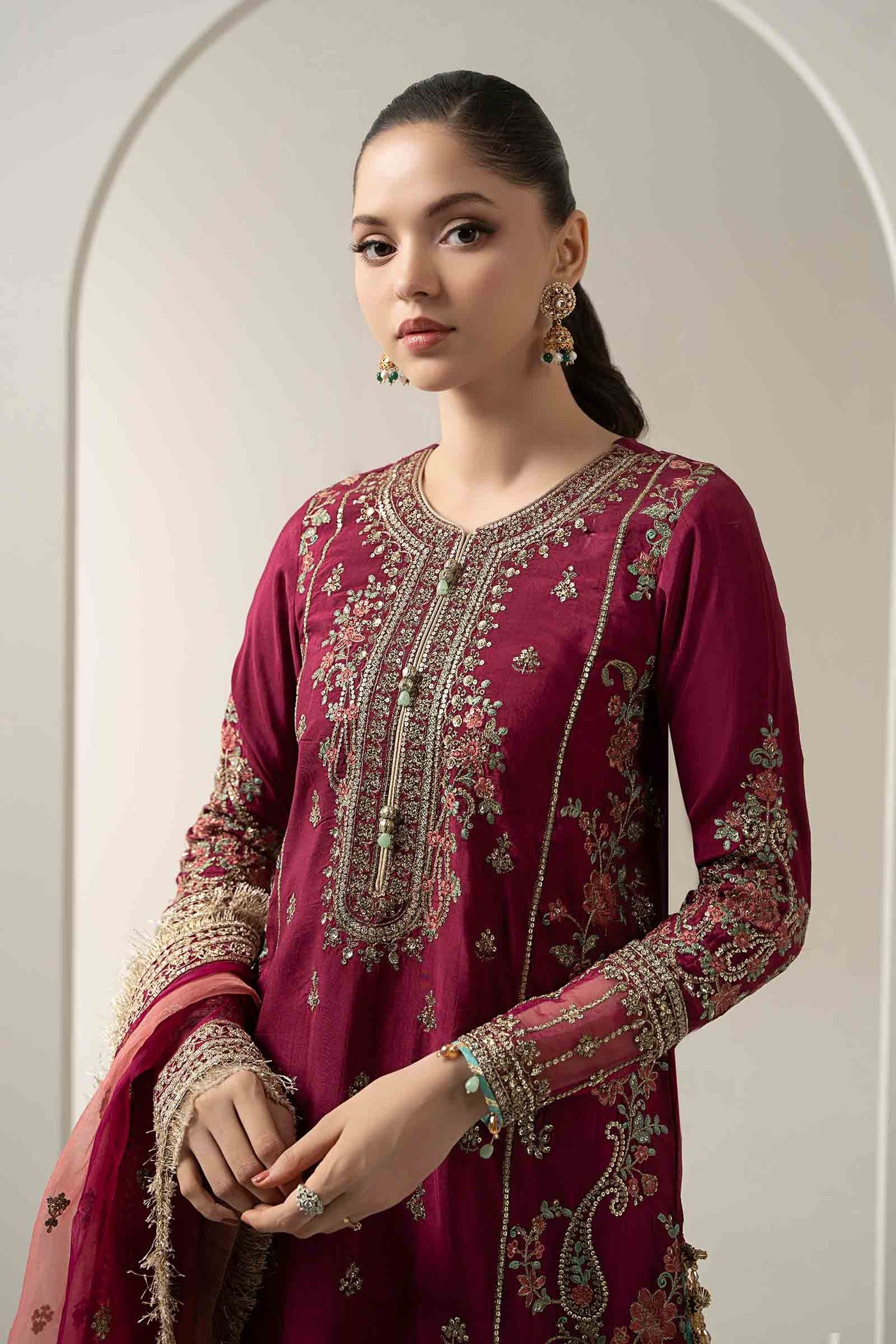 3 Piece Embroidered Raw Silk Suit | SF-EA25-02