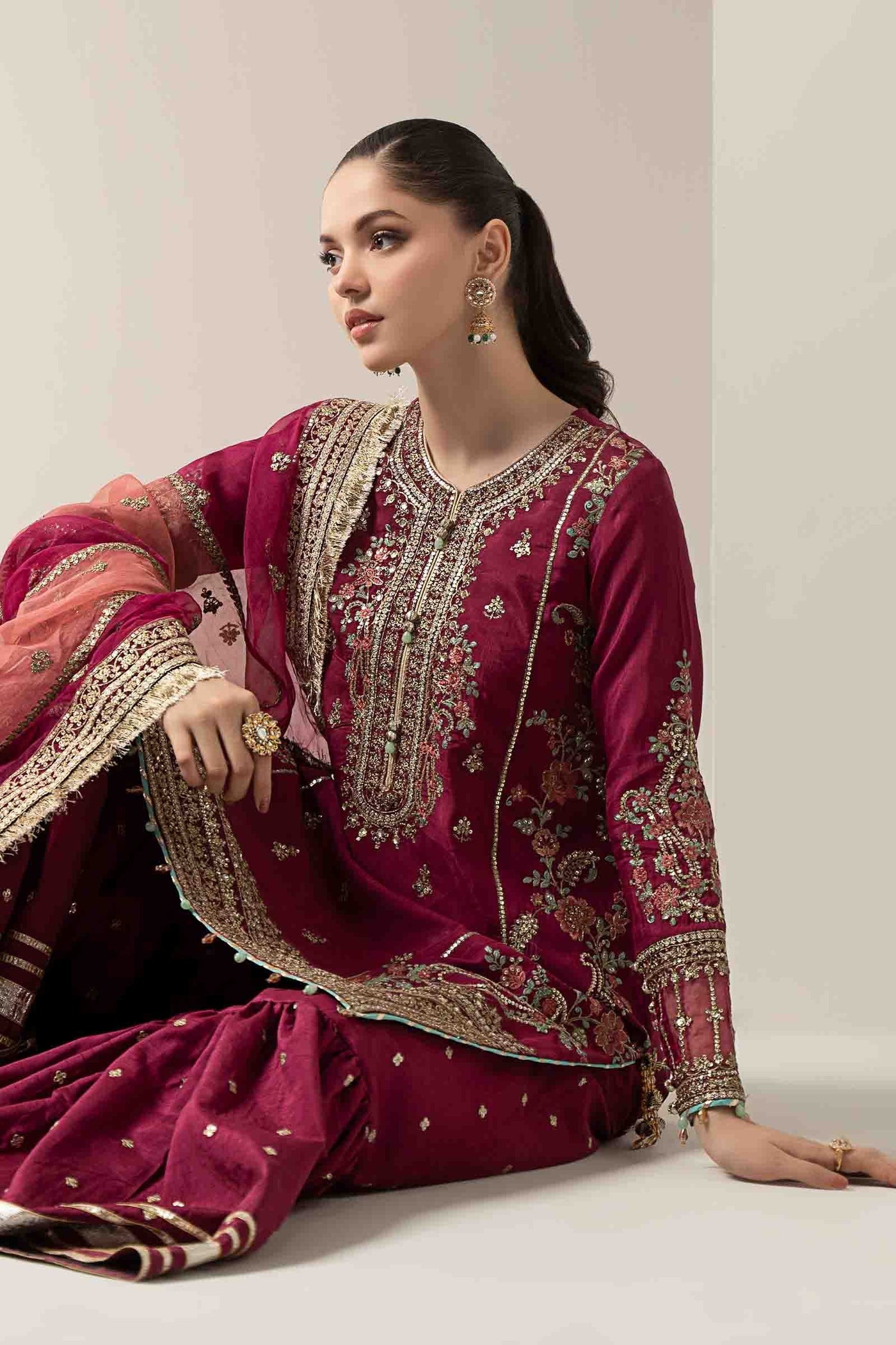 3 Piece Embroidered Raw Silk Suit | SF-EA25-02