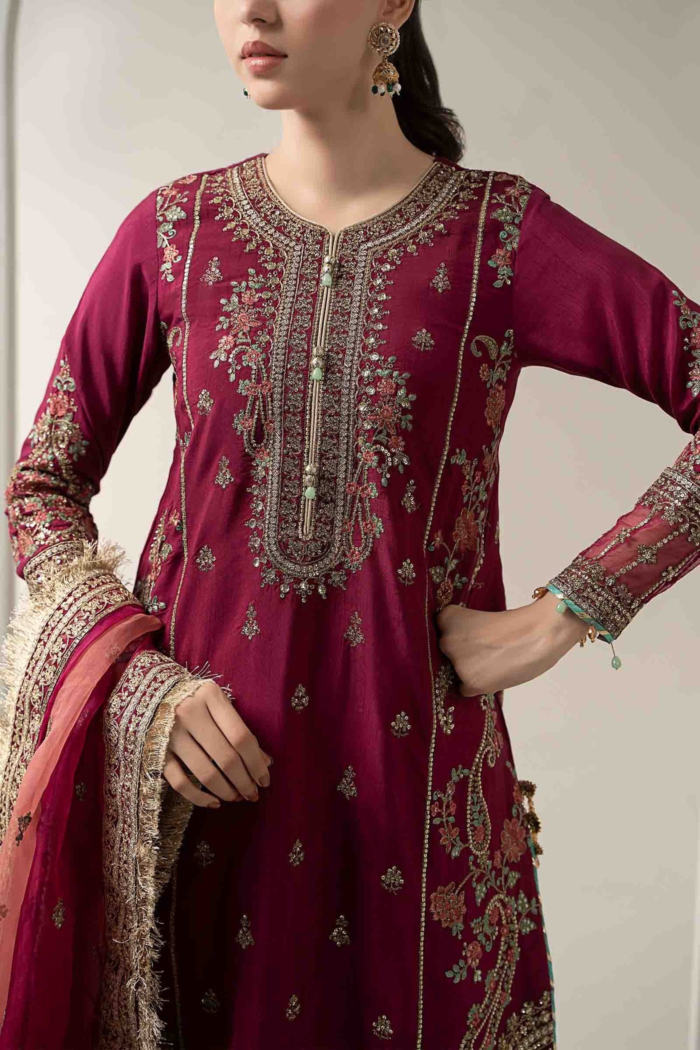 3 Piece Embroidered Raw Silk Suit | SF-EA25-02