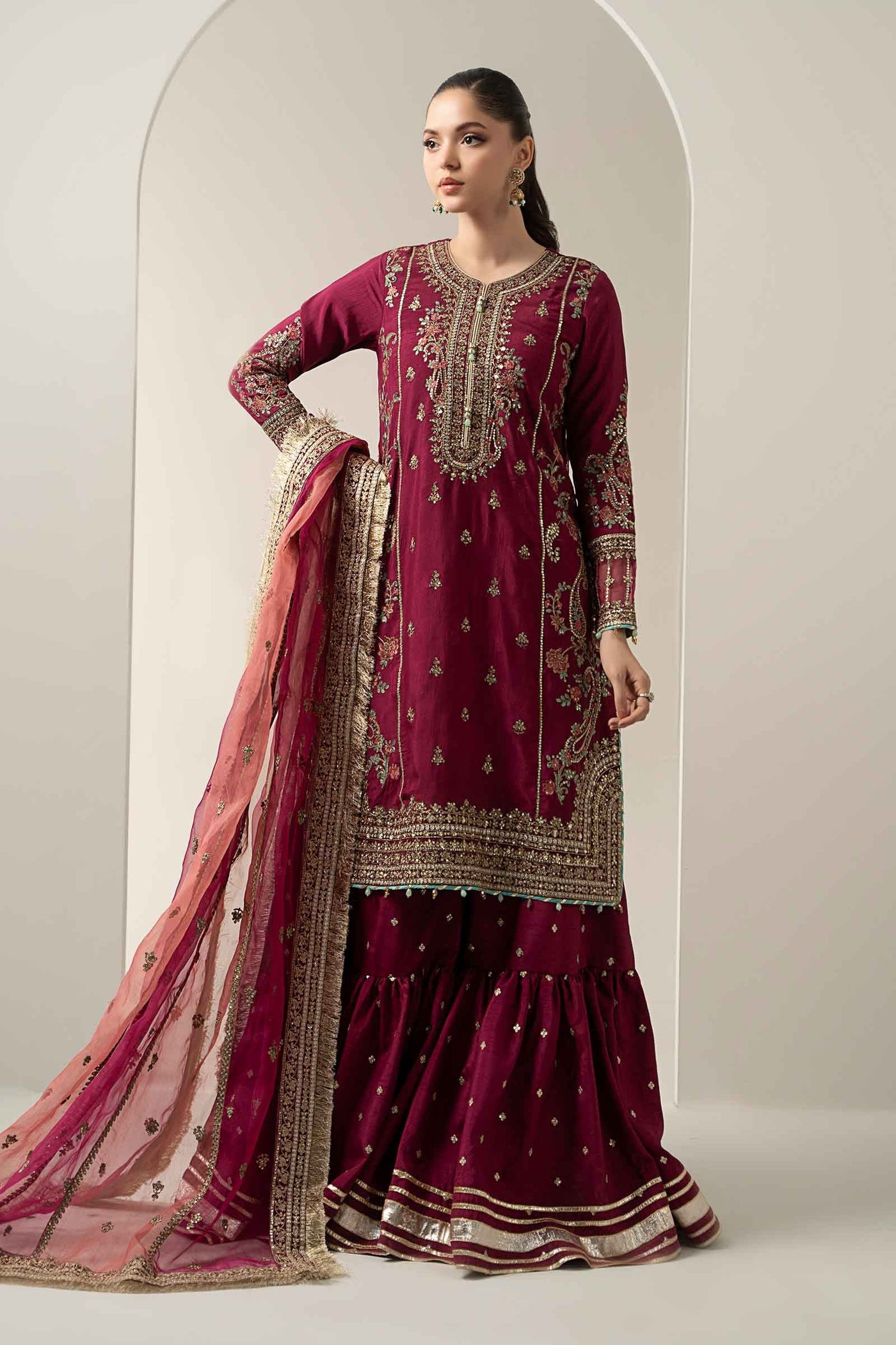 3 Piece Embroidered Raw Silk Suit | SF-EA25-02