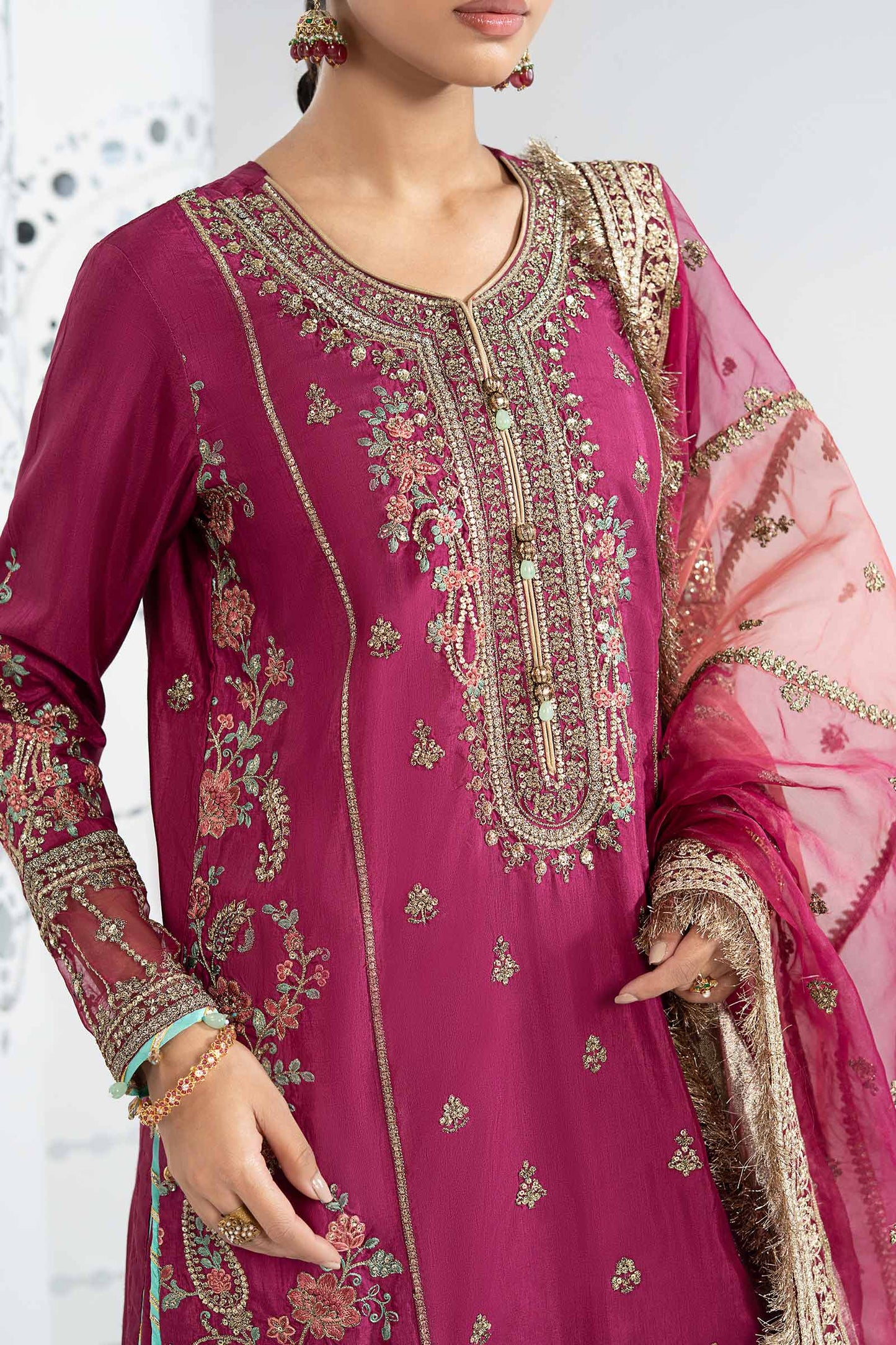 3 Piece Embroidered Raw Silk Suit