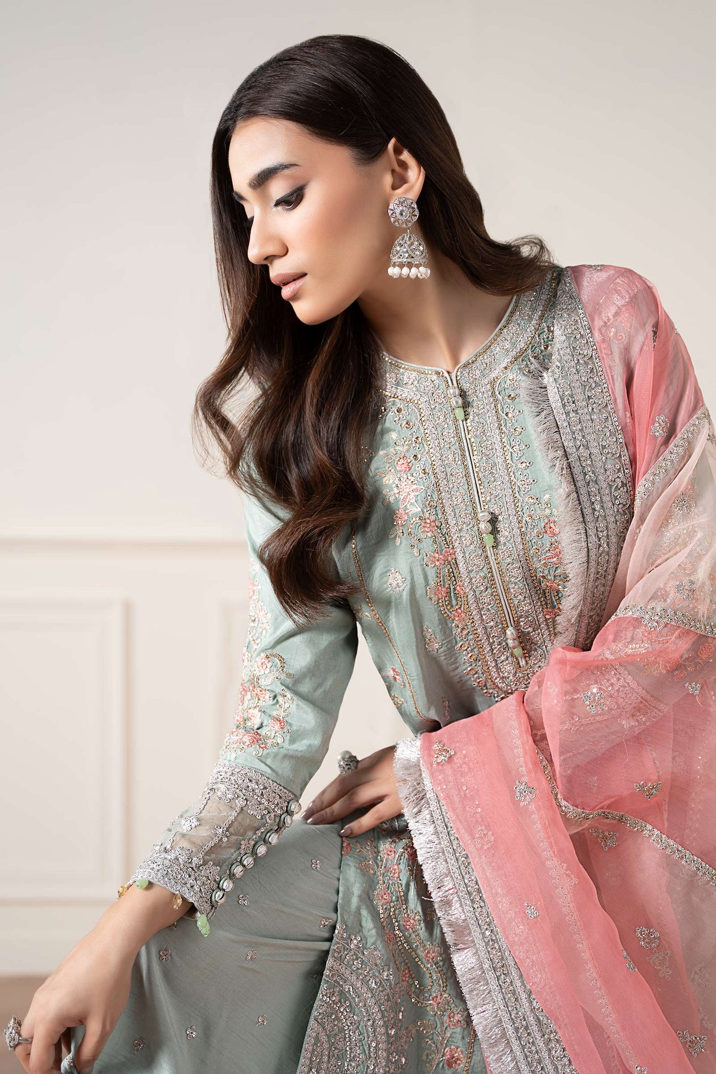 3 Piece Embroidered Raw Silk Suit | SF-EA25-02