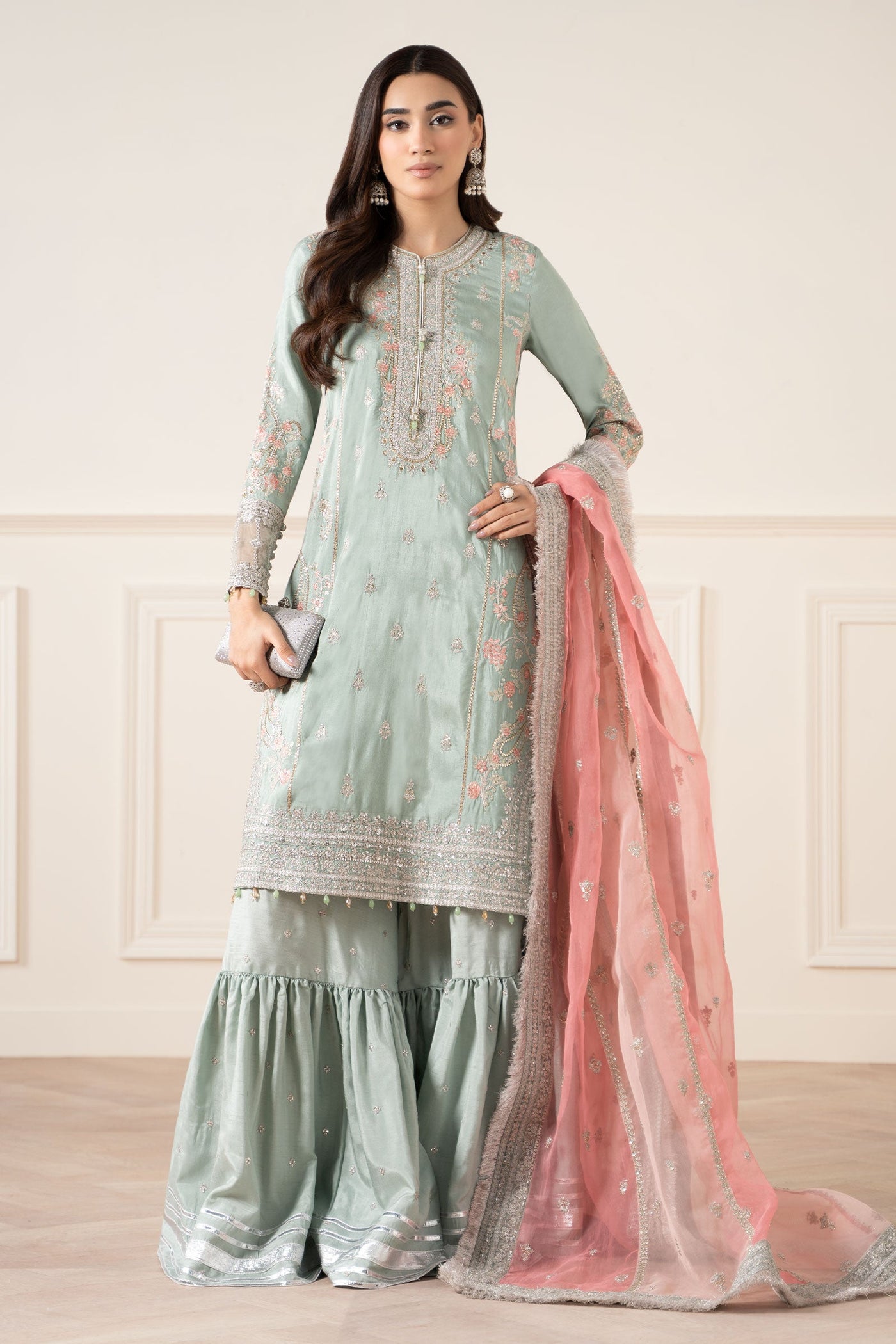 3 Piece Embroidered Raw Silk Suit | SF-EA25-02