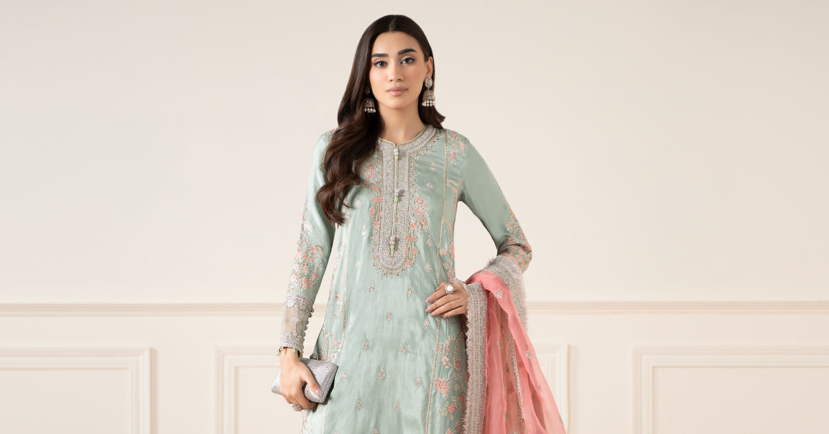 3 Piece Embroidered Raw Silk Suit | SF-EA25-02