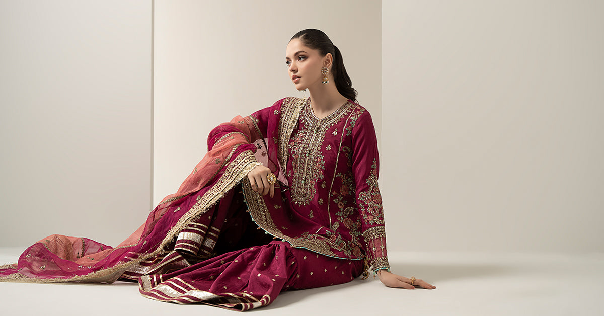 3 Piece Embroidered Raw Silk Suit | SF-EA25-02