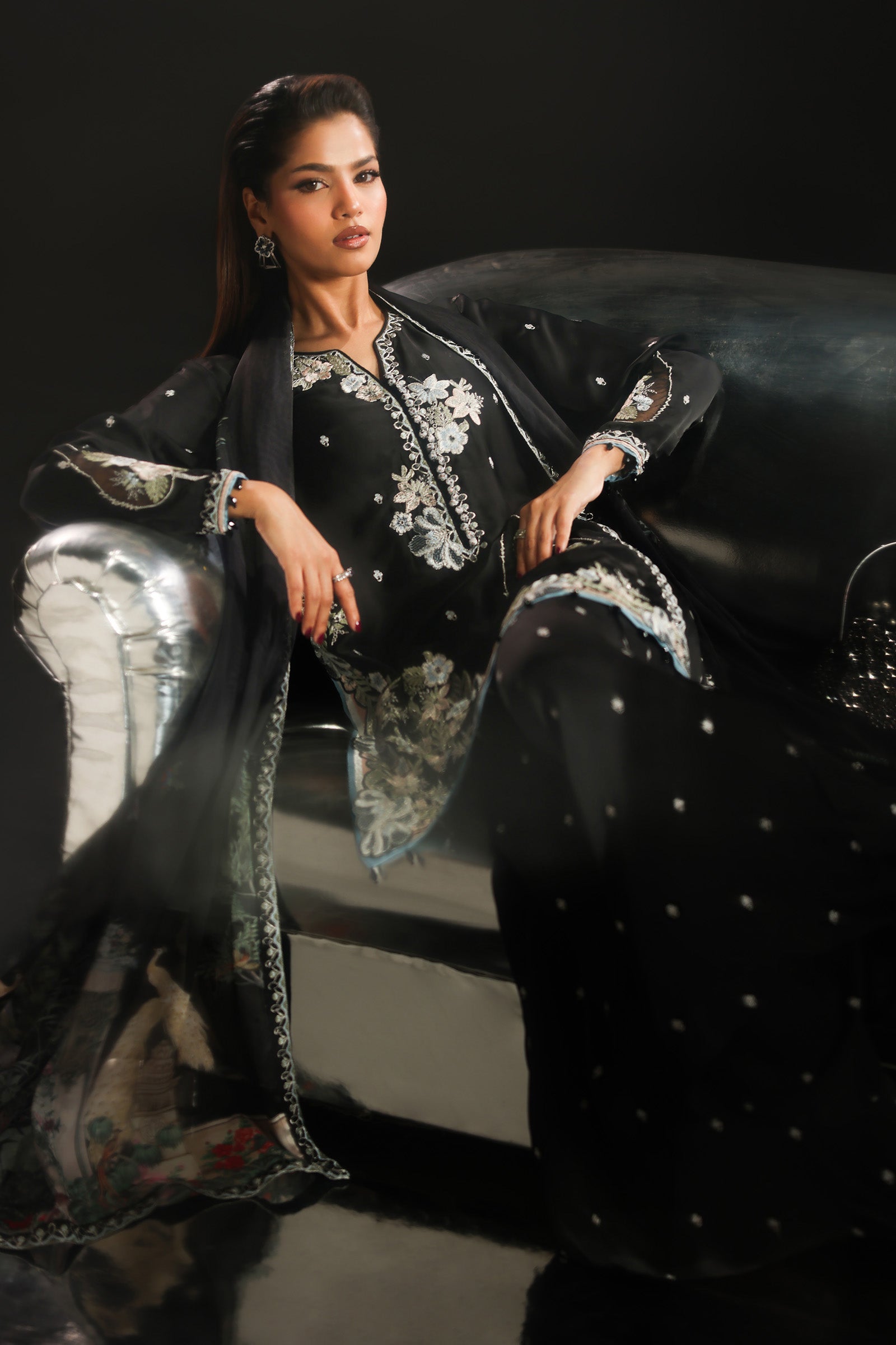3 Piece Embroidered Charmeuse Suit