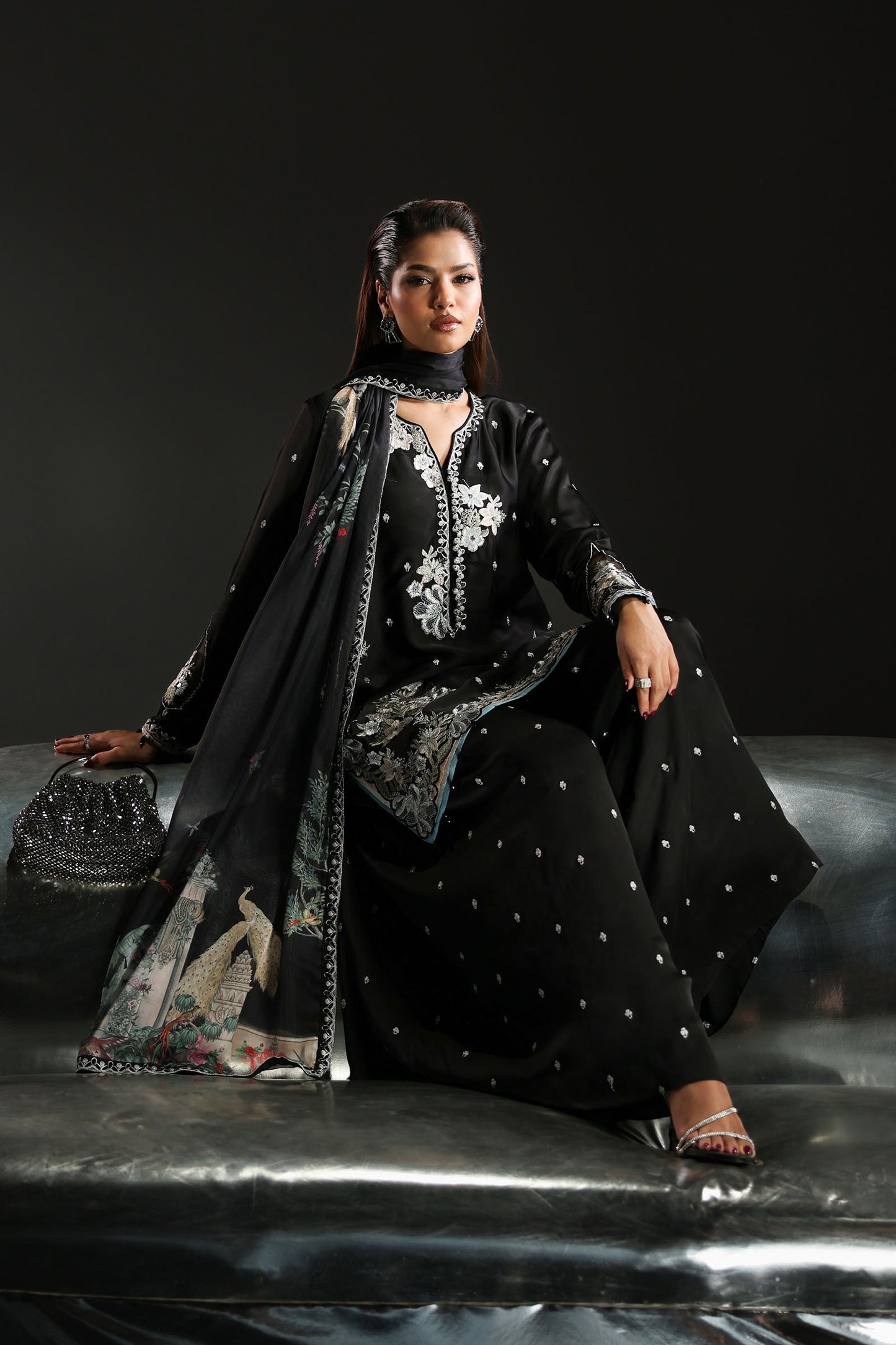 3 Piece Embroidered Charmeuse Suit