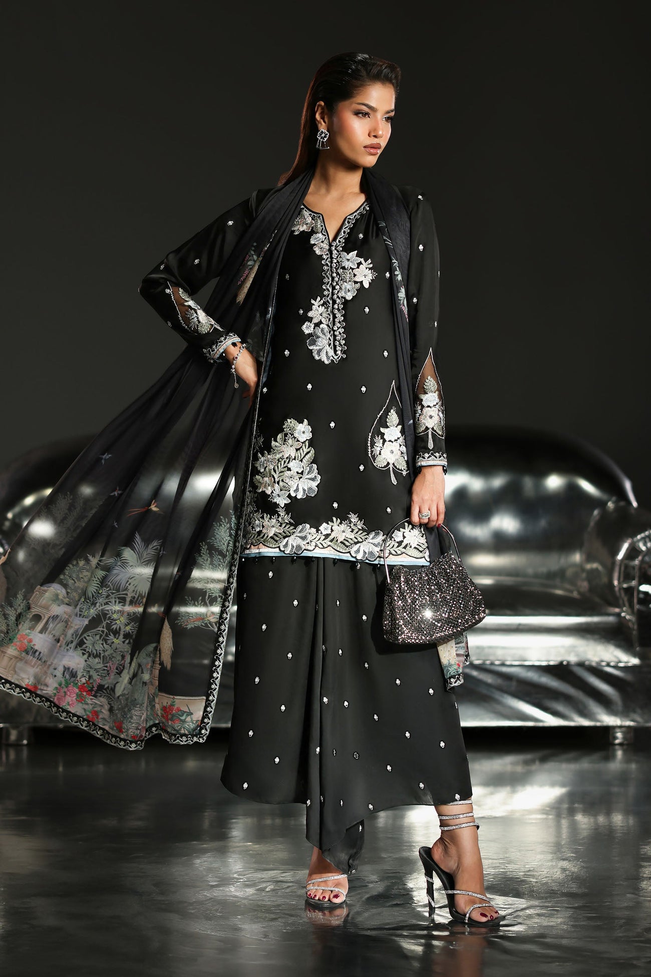 3 Piece Embroidered Charmeuse Suit