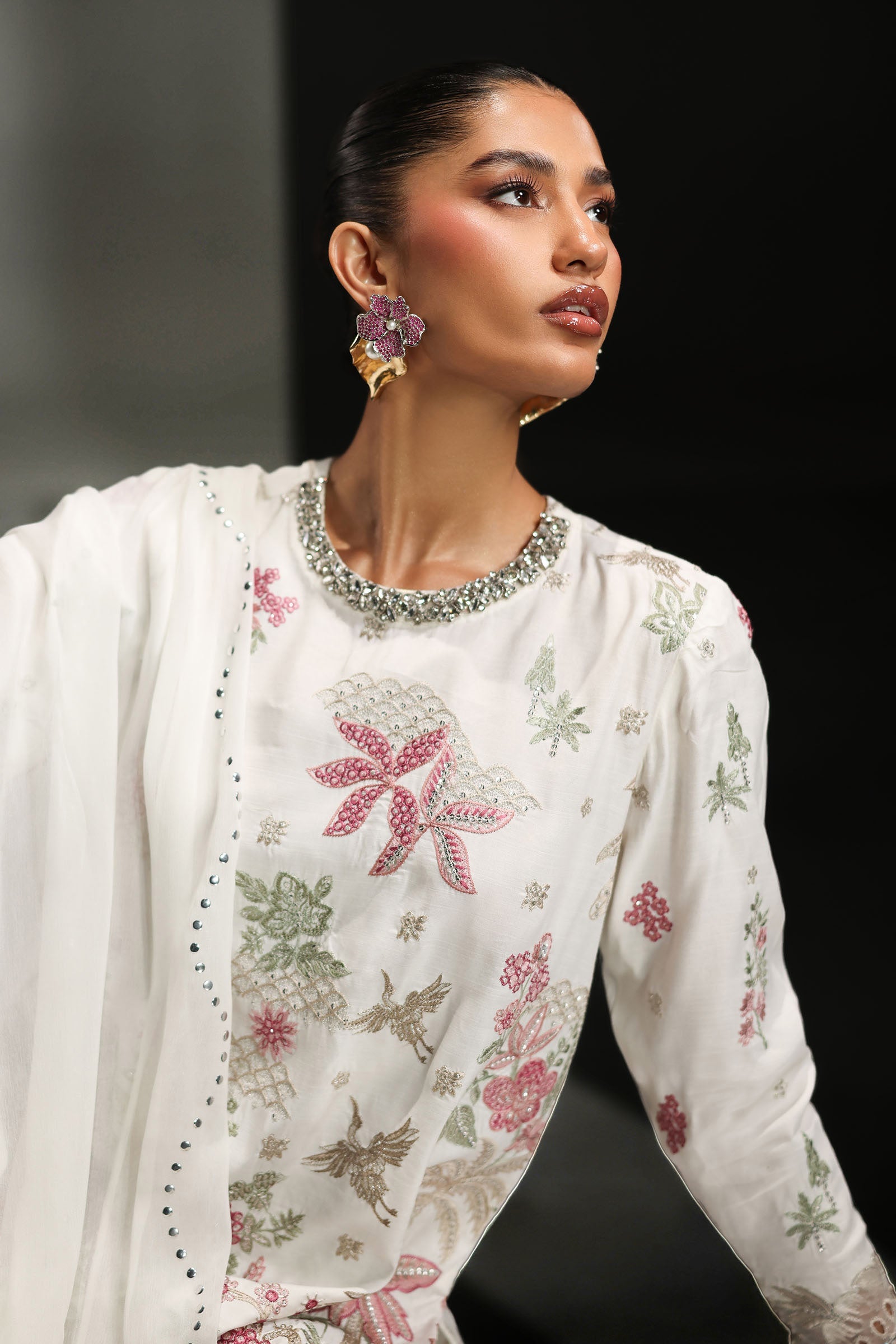 3 Piece Embroidered Raw Silk Suit