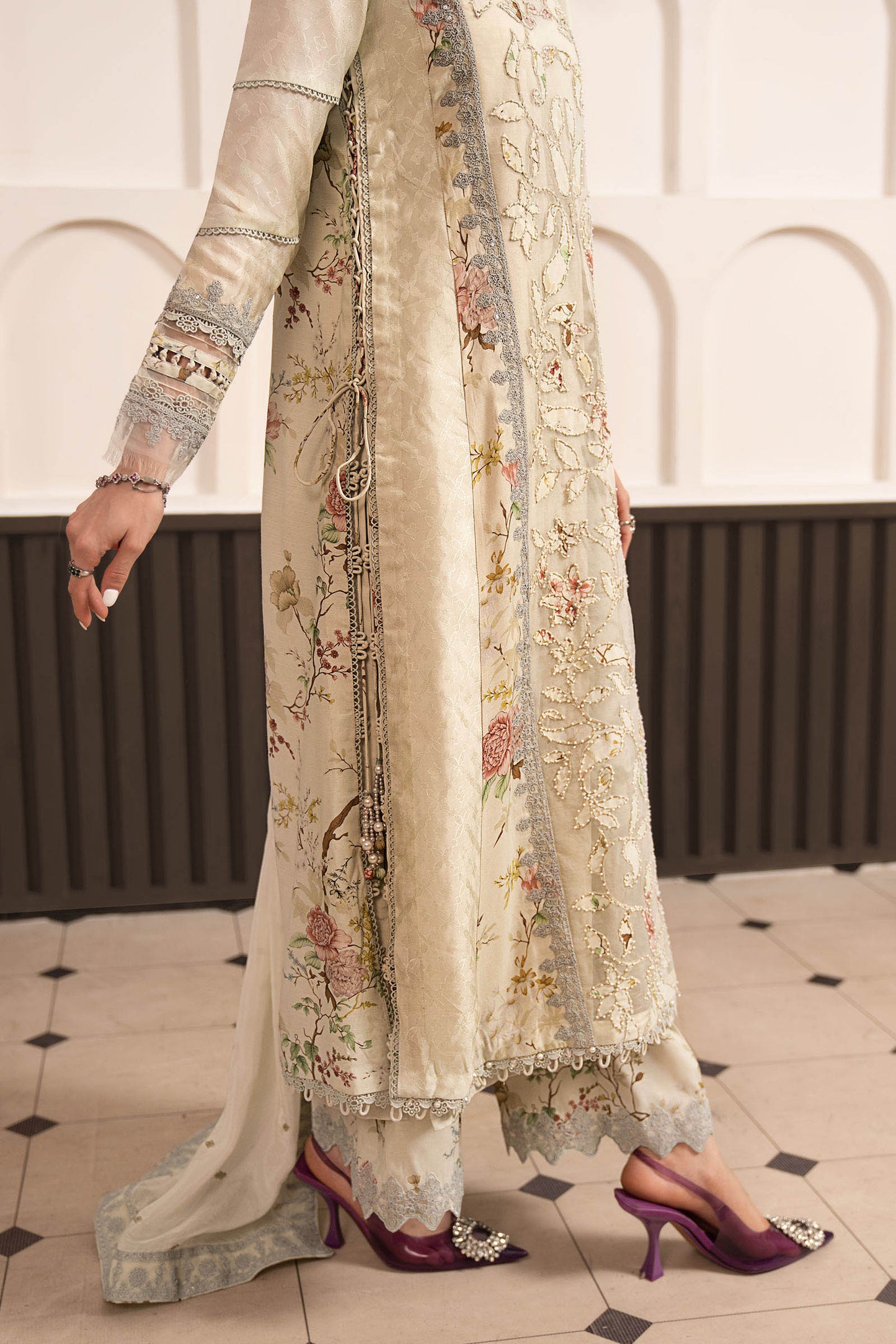 3 Piece Embroidered Raw Silk Suit