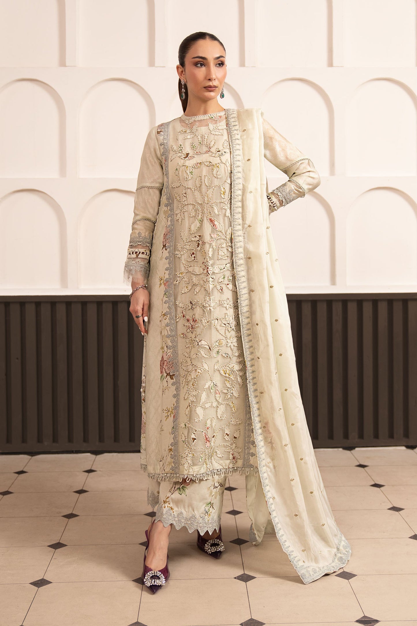 3 Piece Embroidered Raw Silk Suit