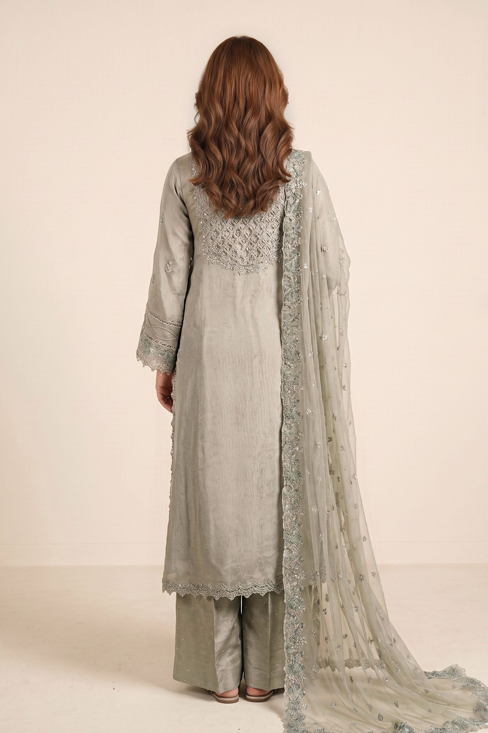 3 Piece Embroidered Tissue Silk Suit