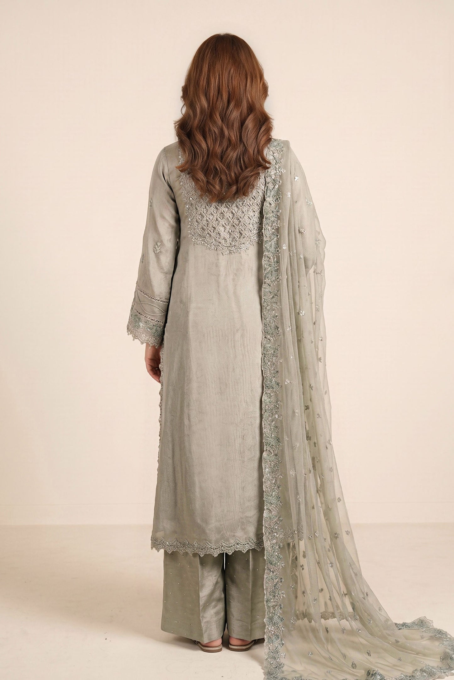 3 Piece Embroidered Tissue Silk Suit