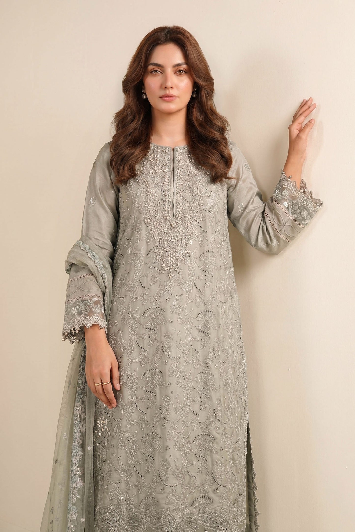 3 Piece Embroidered Tissue Silk Suit