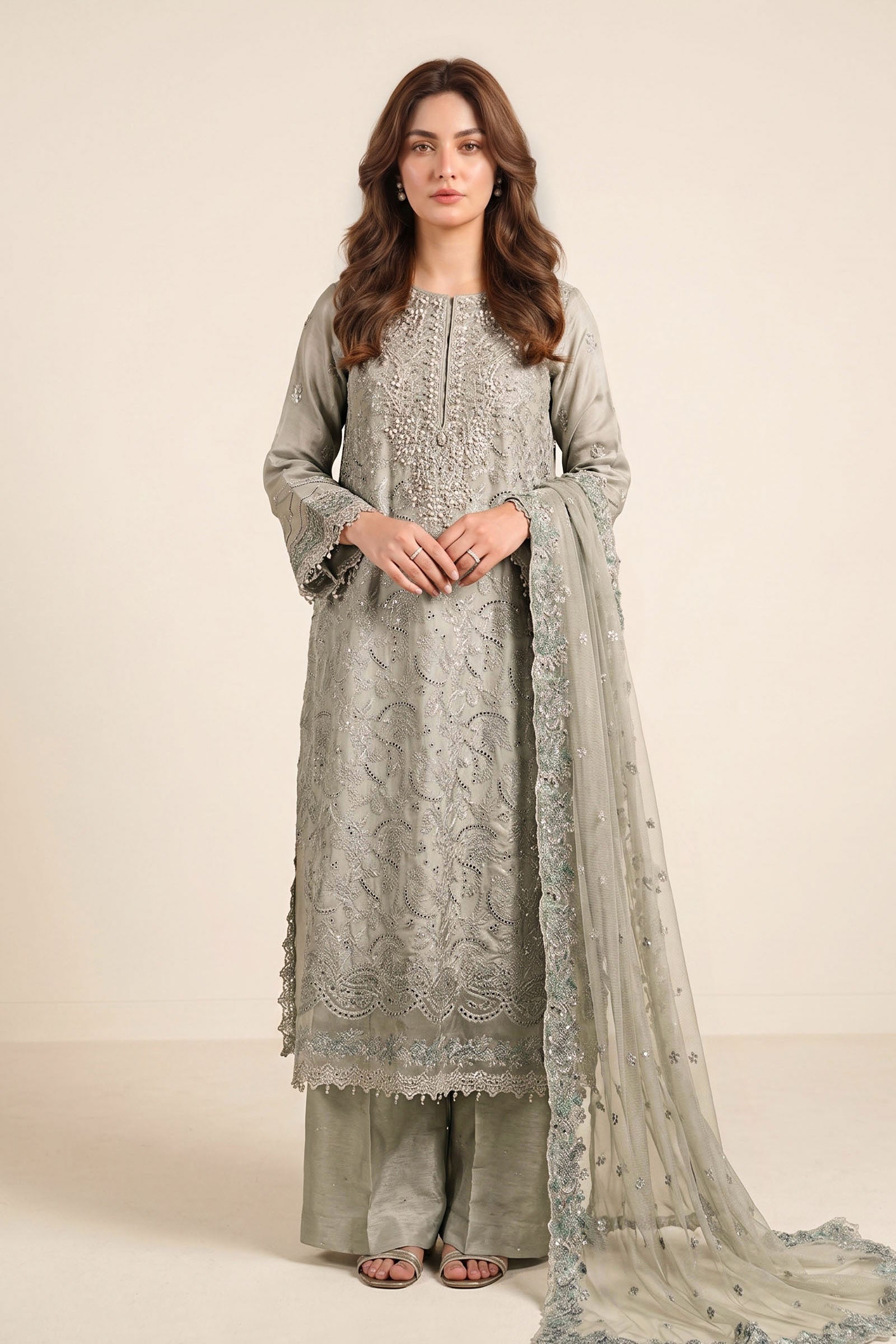 3 Piece Embroidered Tissue Silk Suit