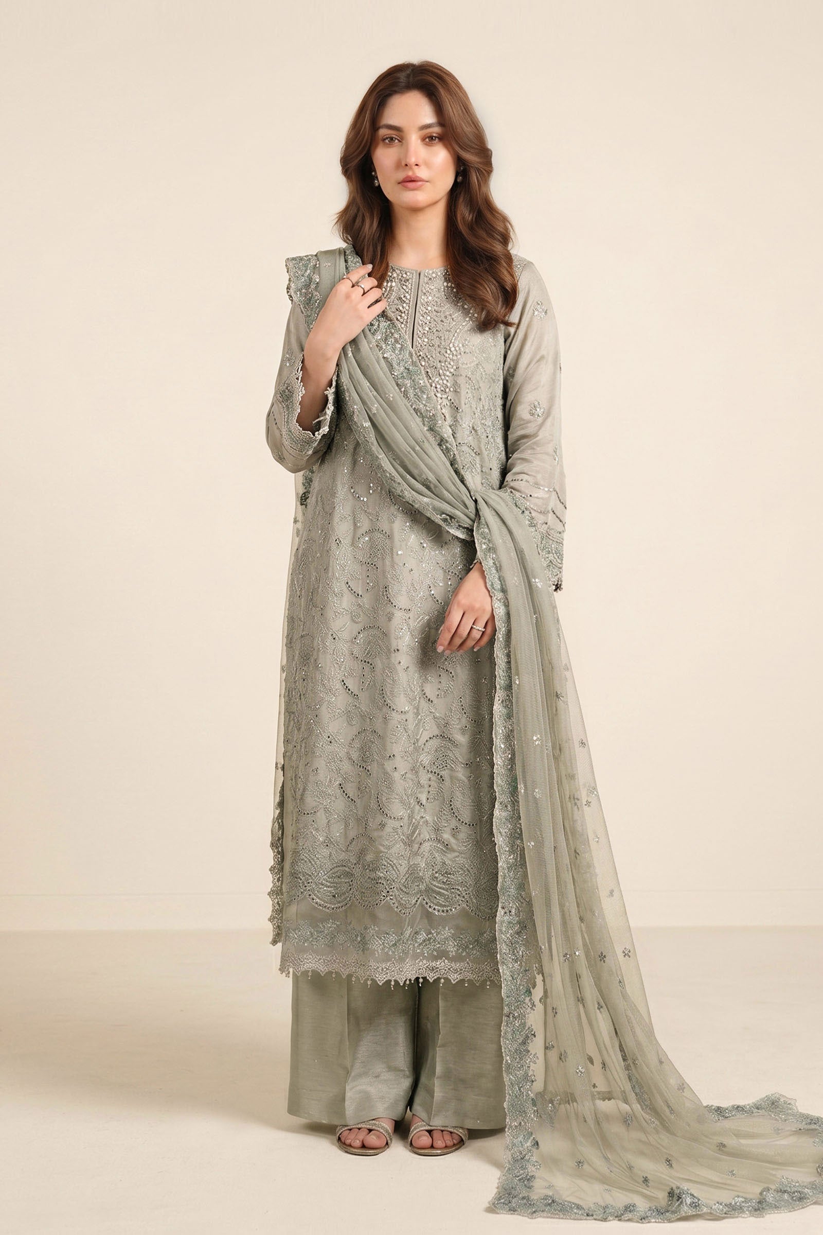 3 Piece Embroidered Tissue Silk Suit