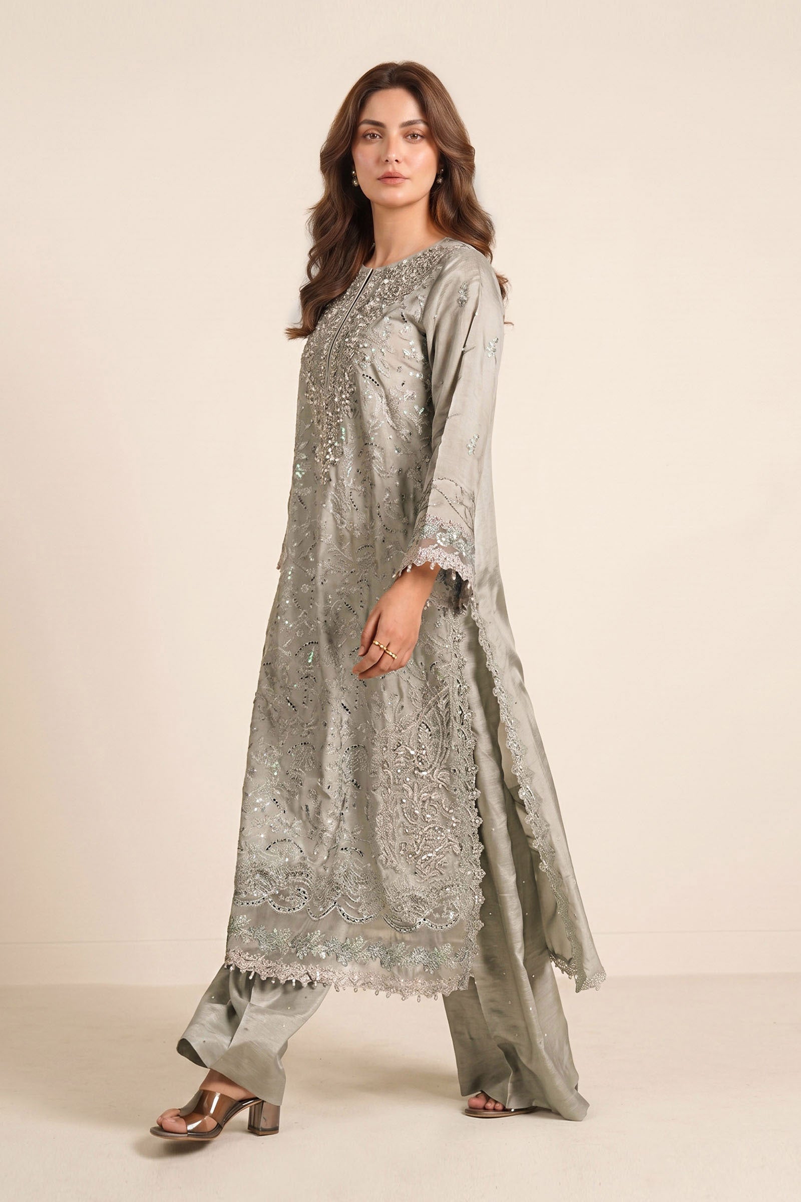 3 Piece Embroidered Tissue Silk Suit