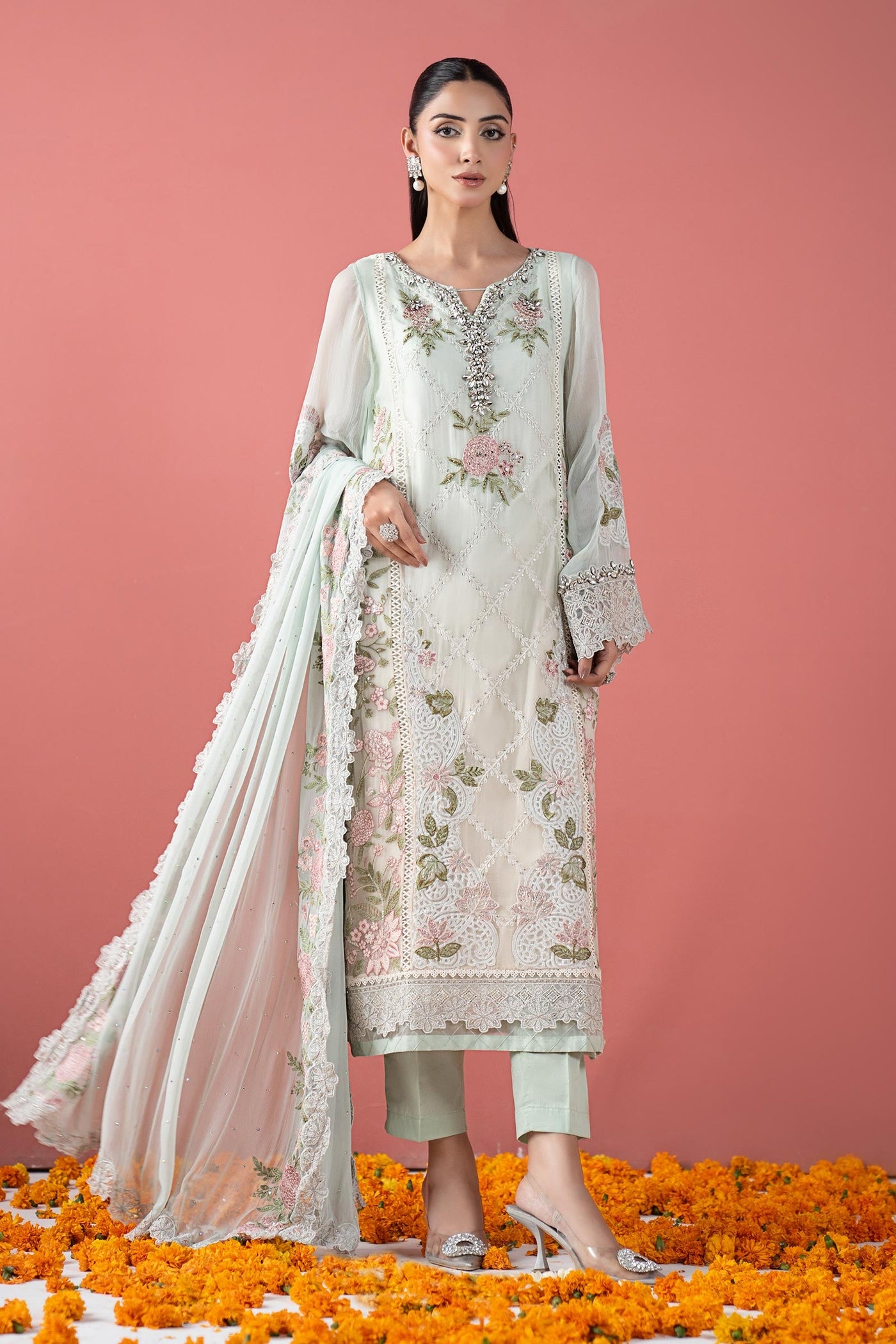 3 Piece Embroidered Chiffon Suit