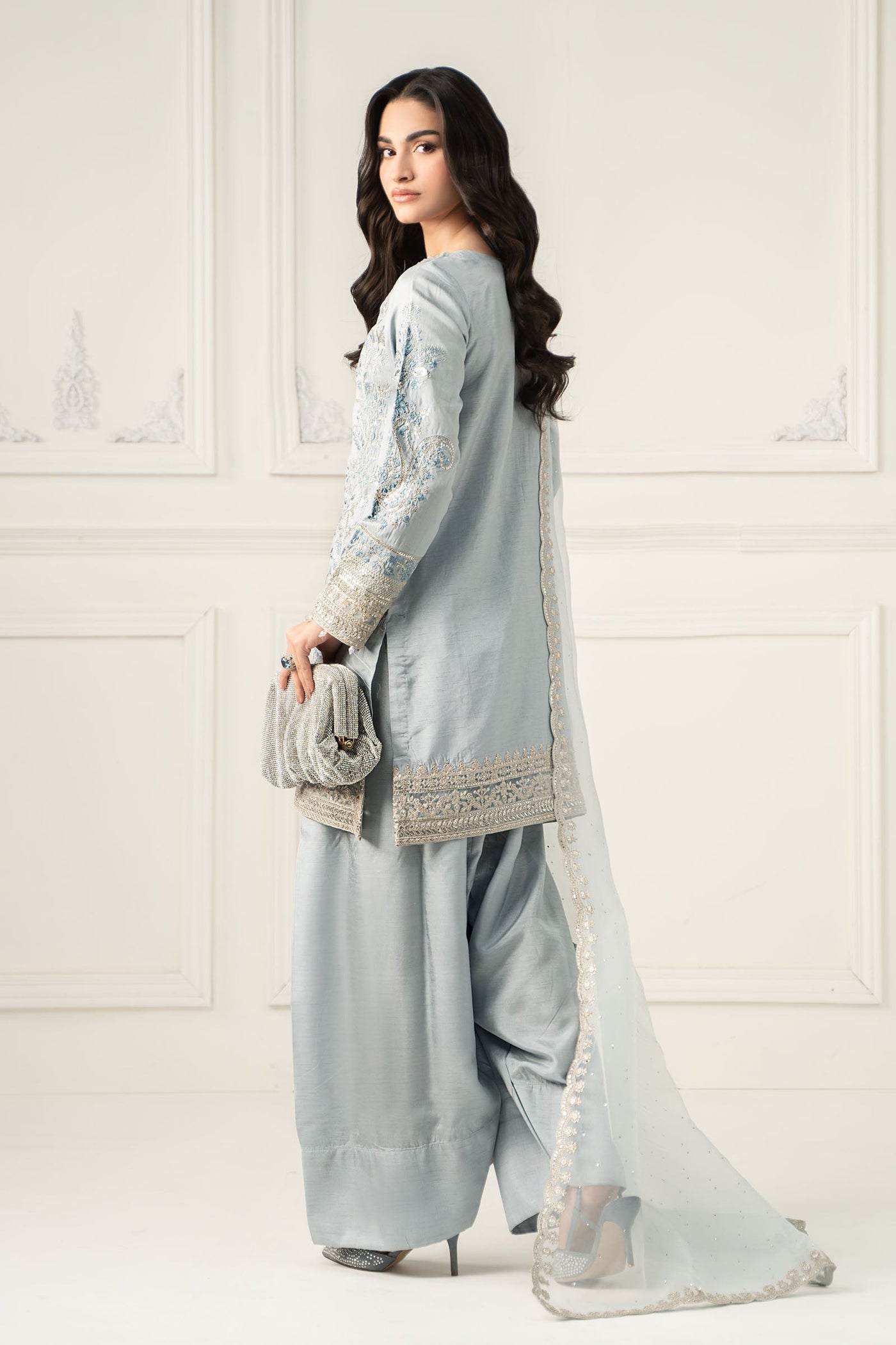 3 Piece Embroidered Raw Silk Suit | SF-EF25-62