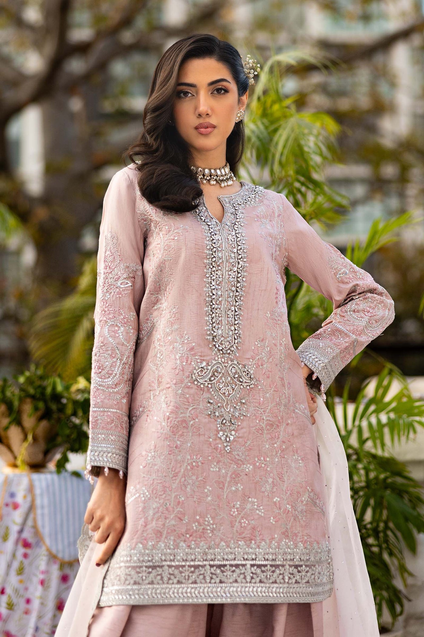 3 Piece Embroidered Raw Silk Suit | SF-EF25-62