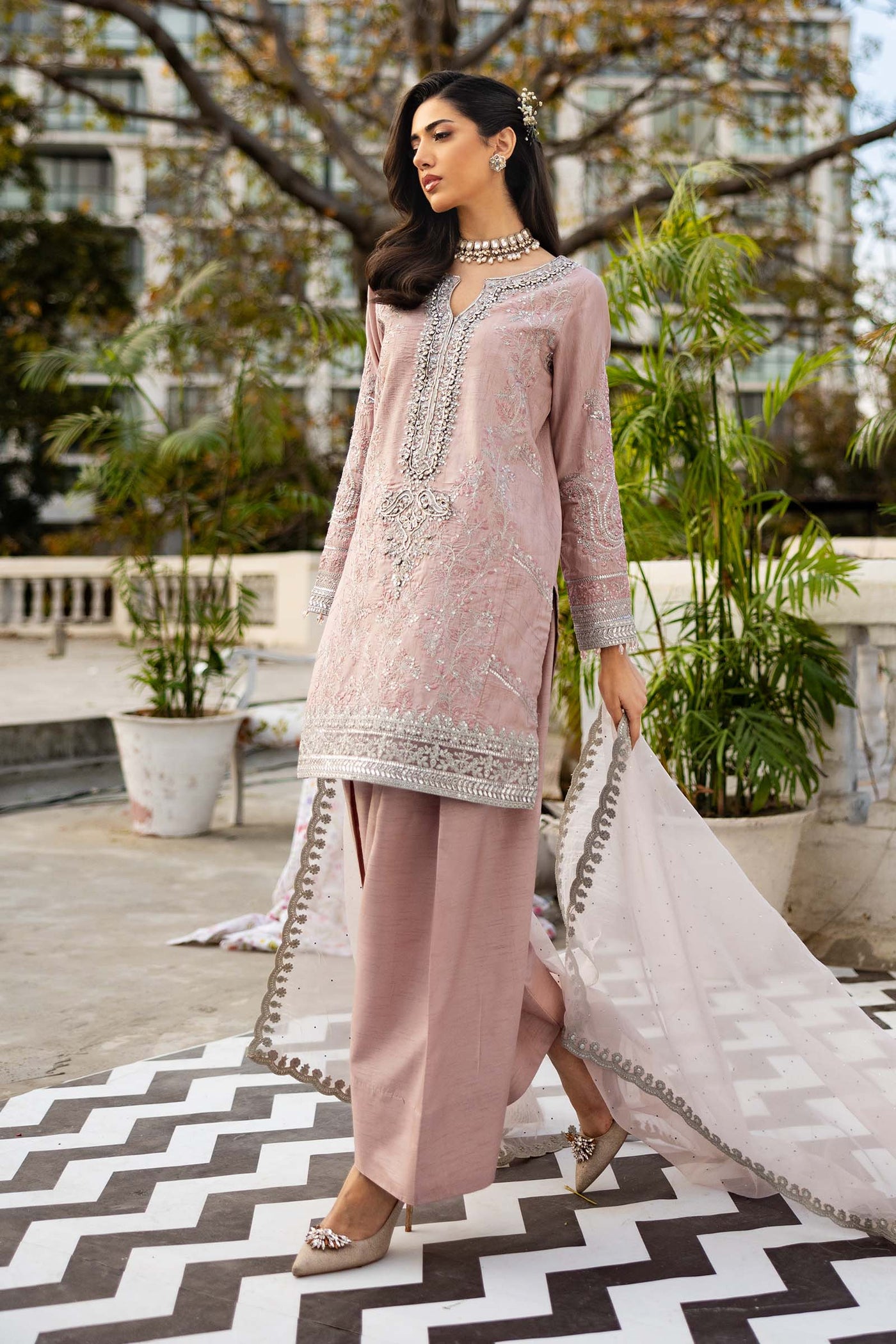 3 Piece Embroidered Raw Silk Suit | SF-EF25-62