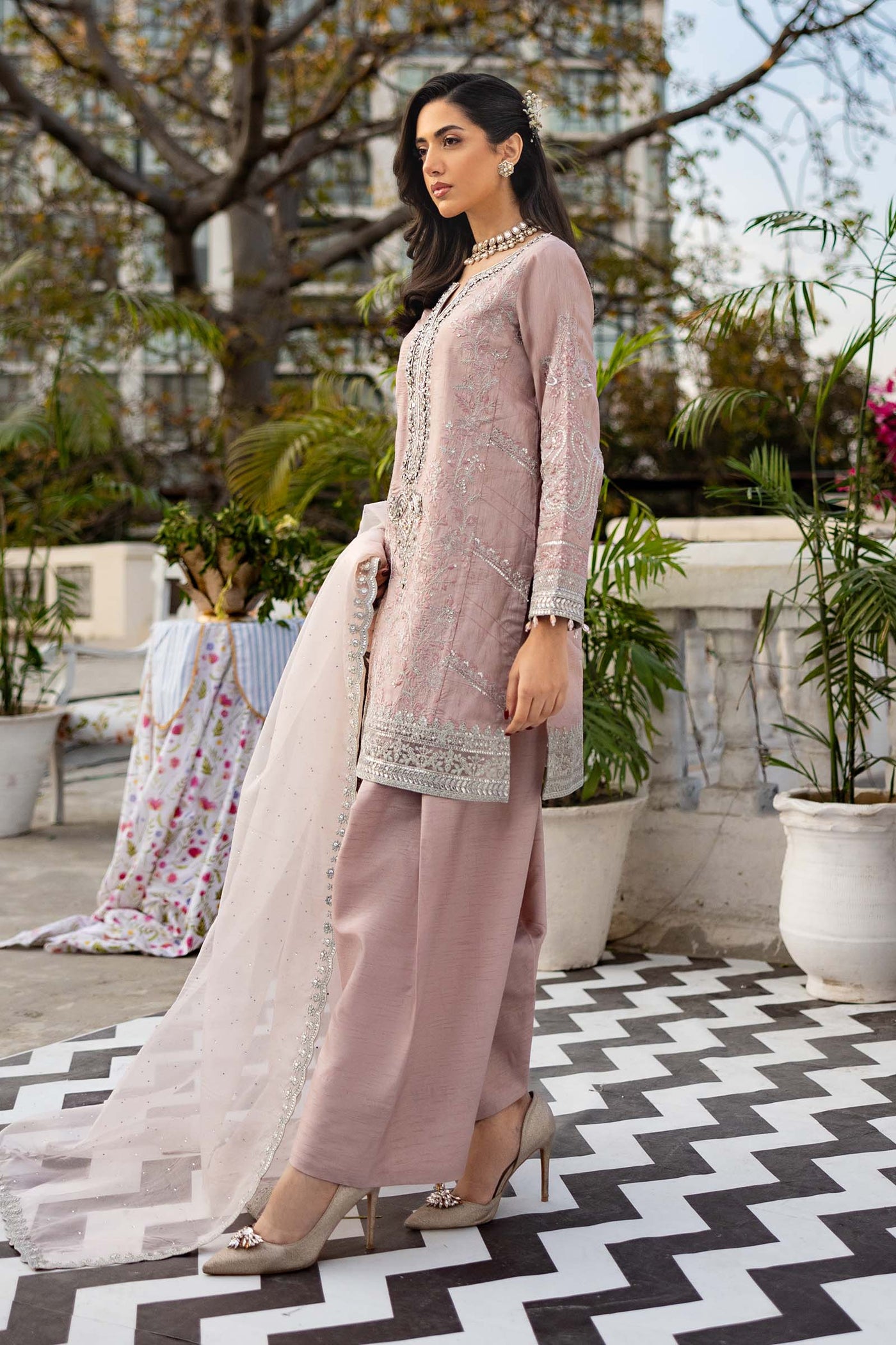 3 Piece Embroidered Raw Silk Suit | SF-EF25-62