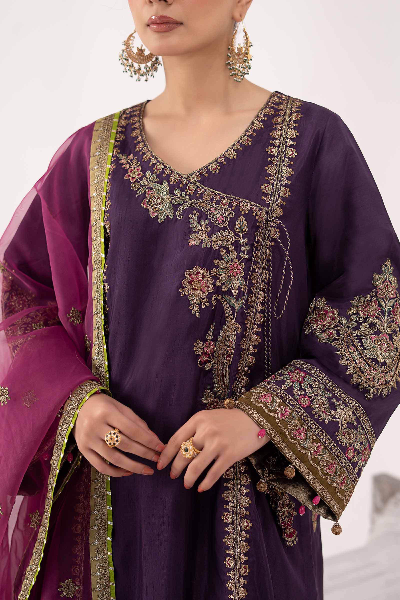 3 Piece Embroidered Raw Silk Suit