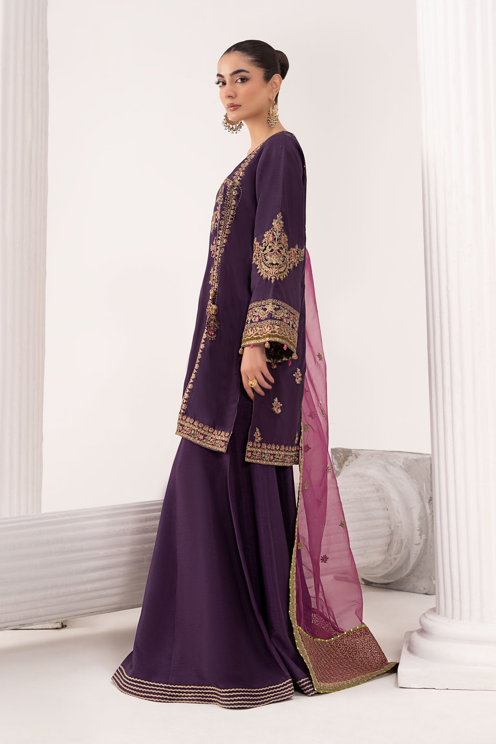 3 Piece Embroidered Raw Silk Suit