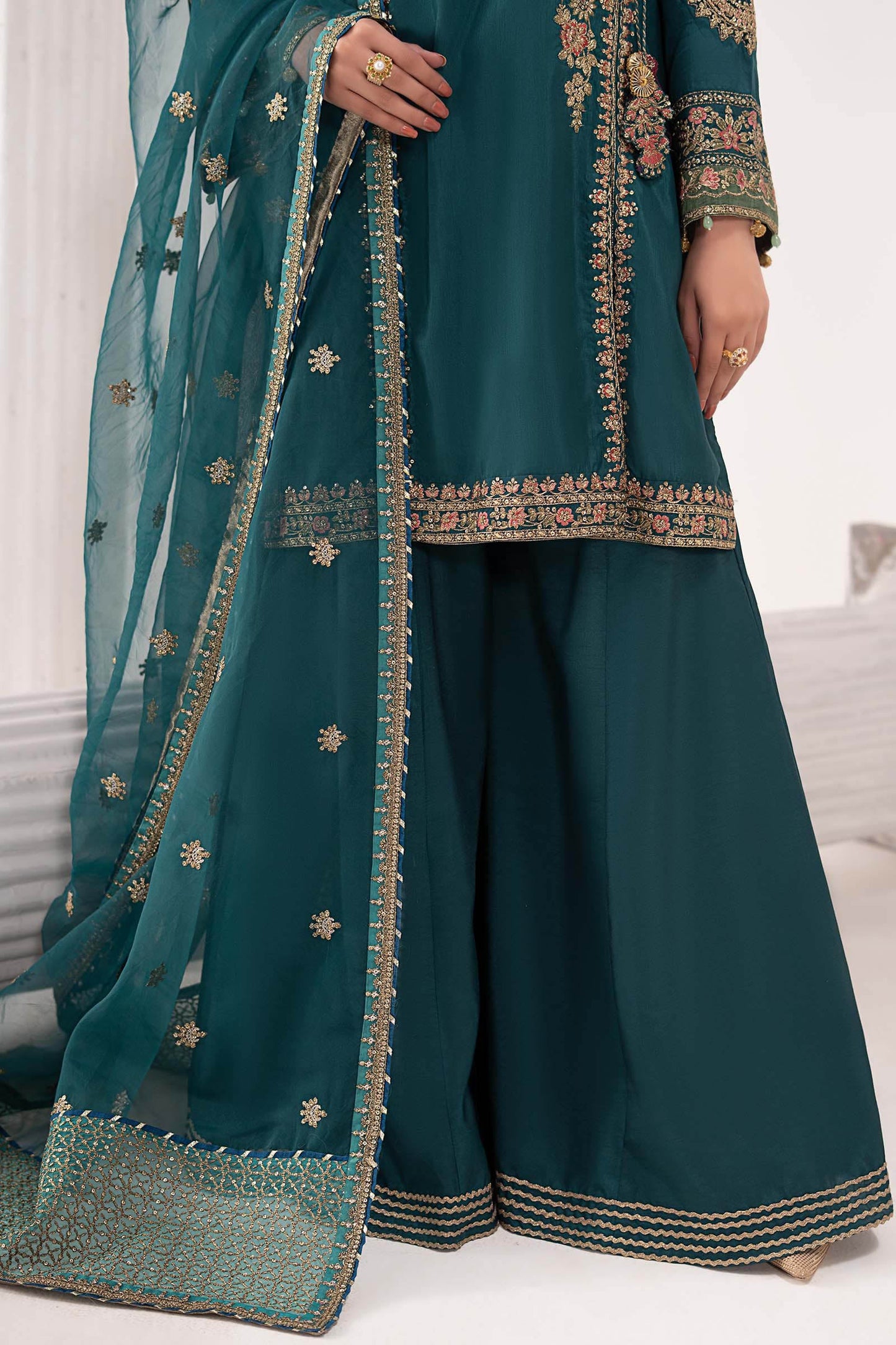 3 Piece Embroidered Raw Silk Suit