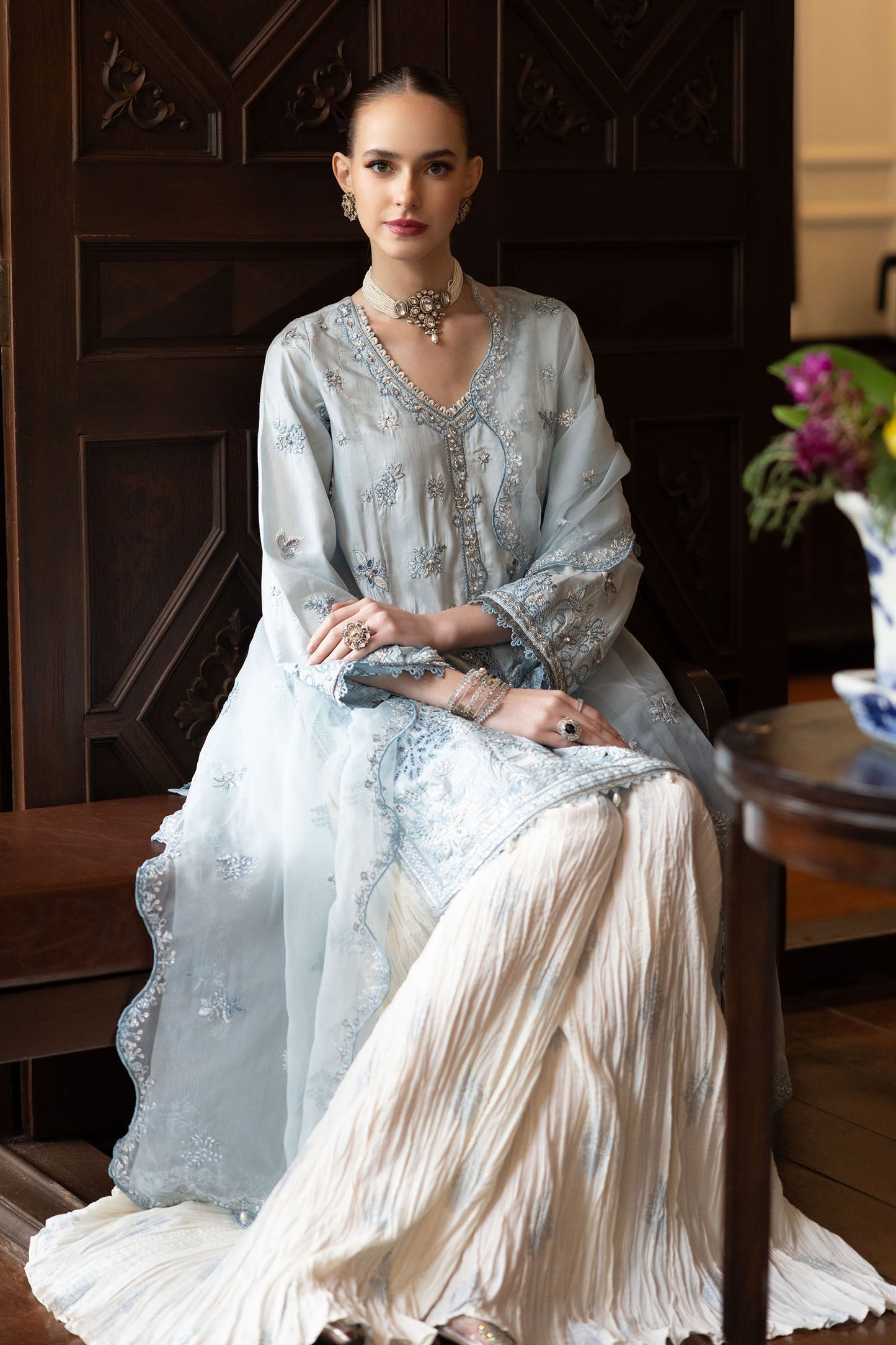 3 Piece Embroidered Raw Silk Suit