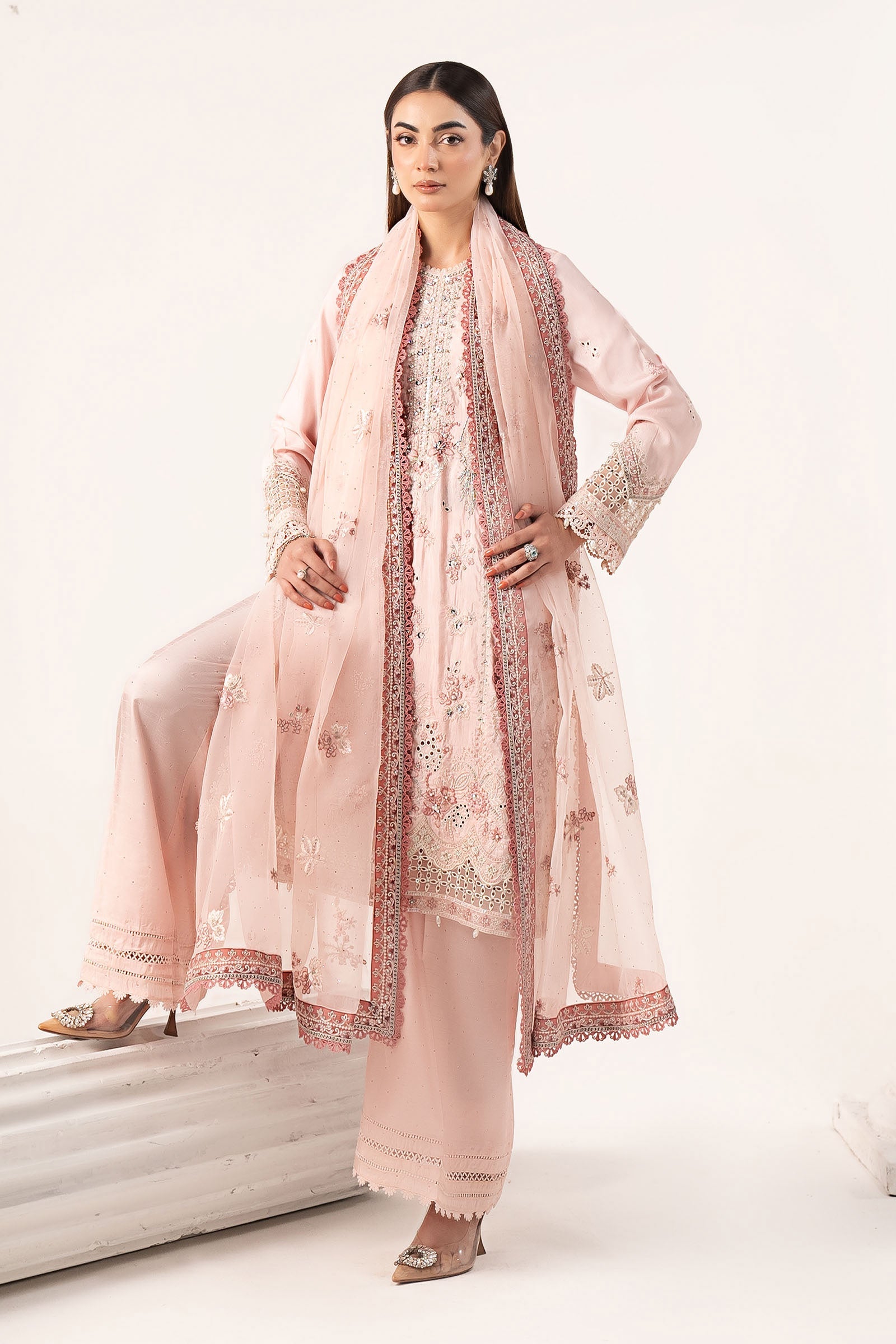 3 Piece Embroidered Raw Silk Suit