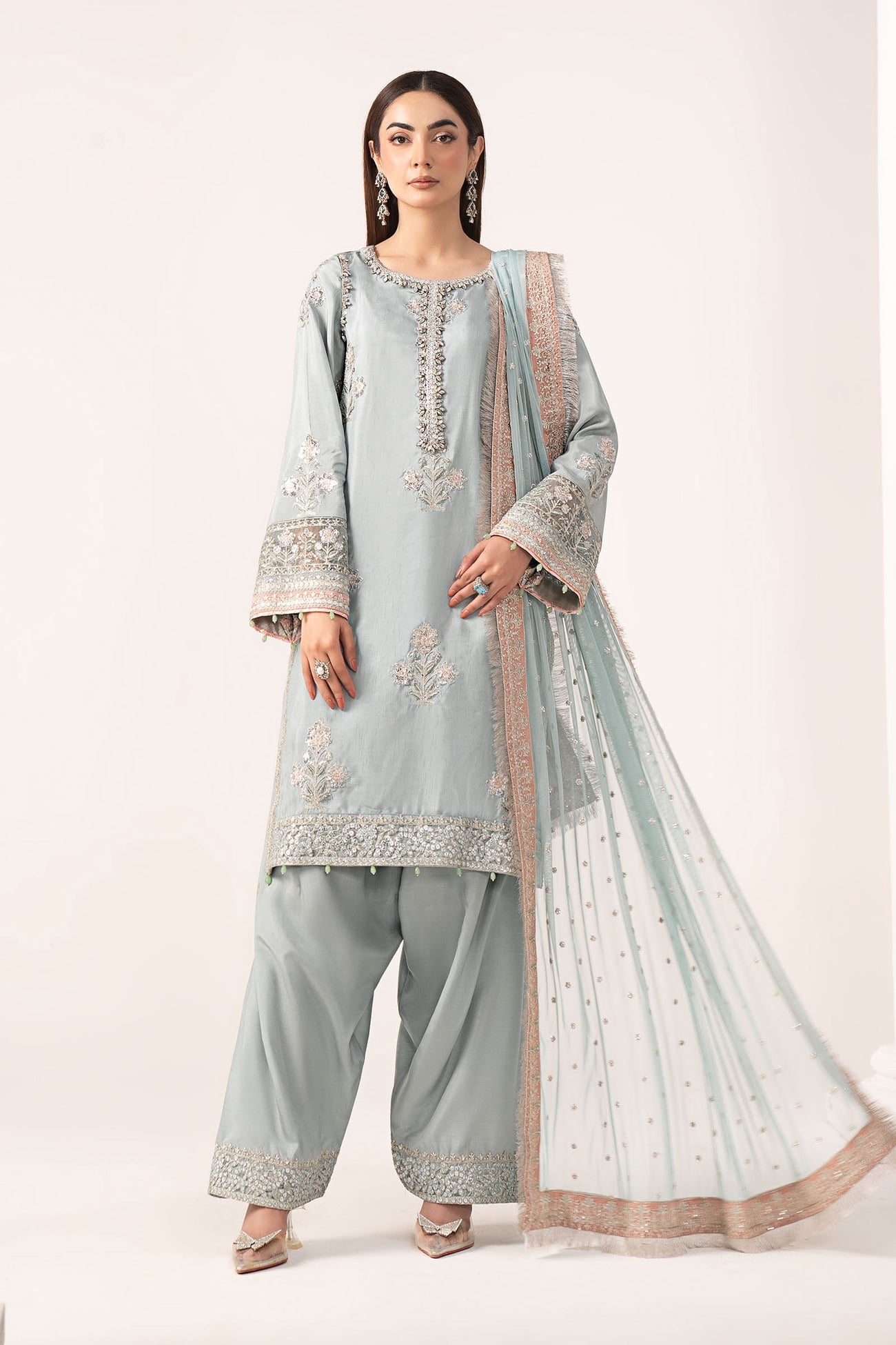 3 Piece Embroidered Raw Silk Suit