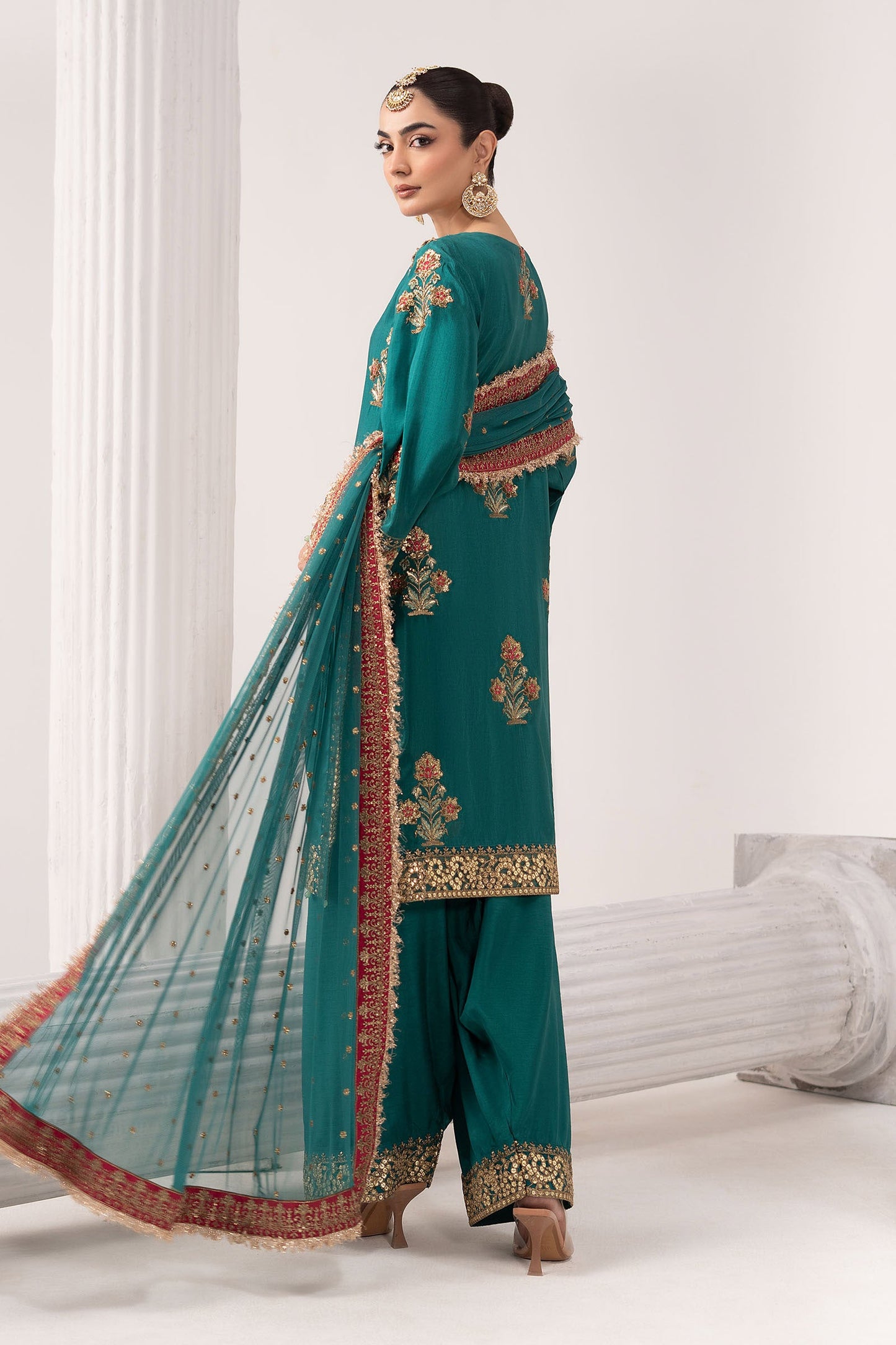 3 Piece Embroidered Raw Silk Suit