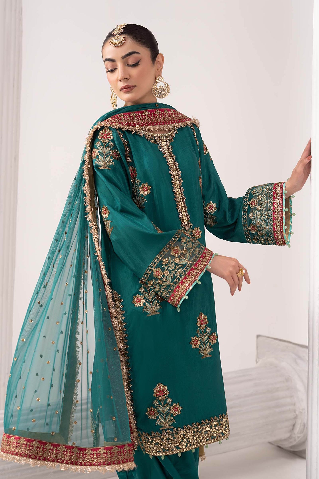 3 Piece Embroidered Raw Silk Suit