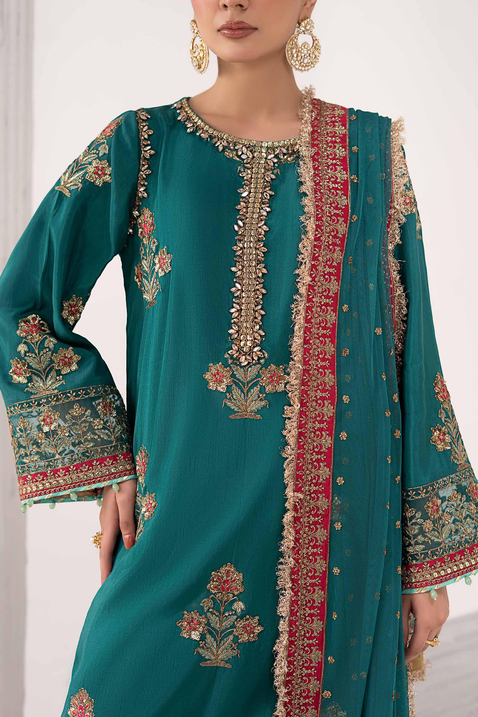 3 Piece Embroidered Raw Silk Suit