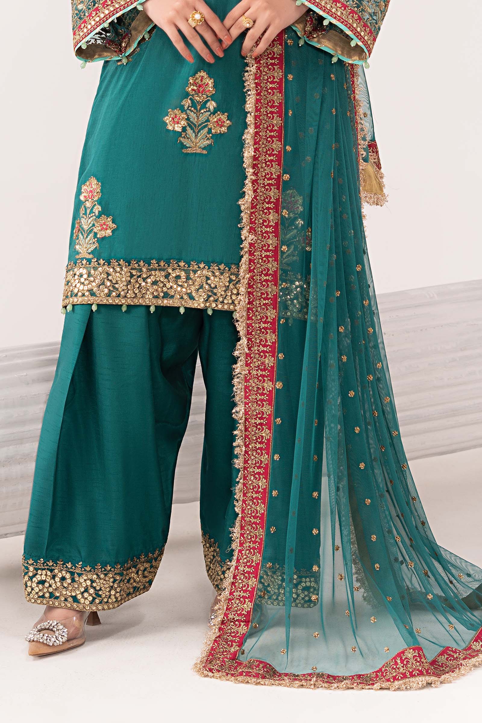 3 Piece Embroidered Raw Silk Suit