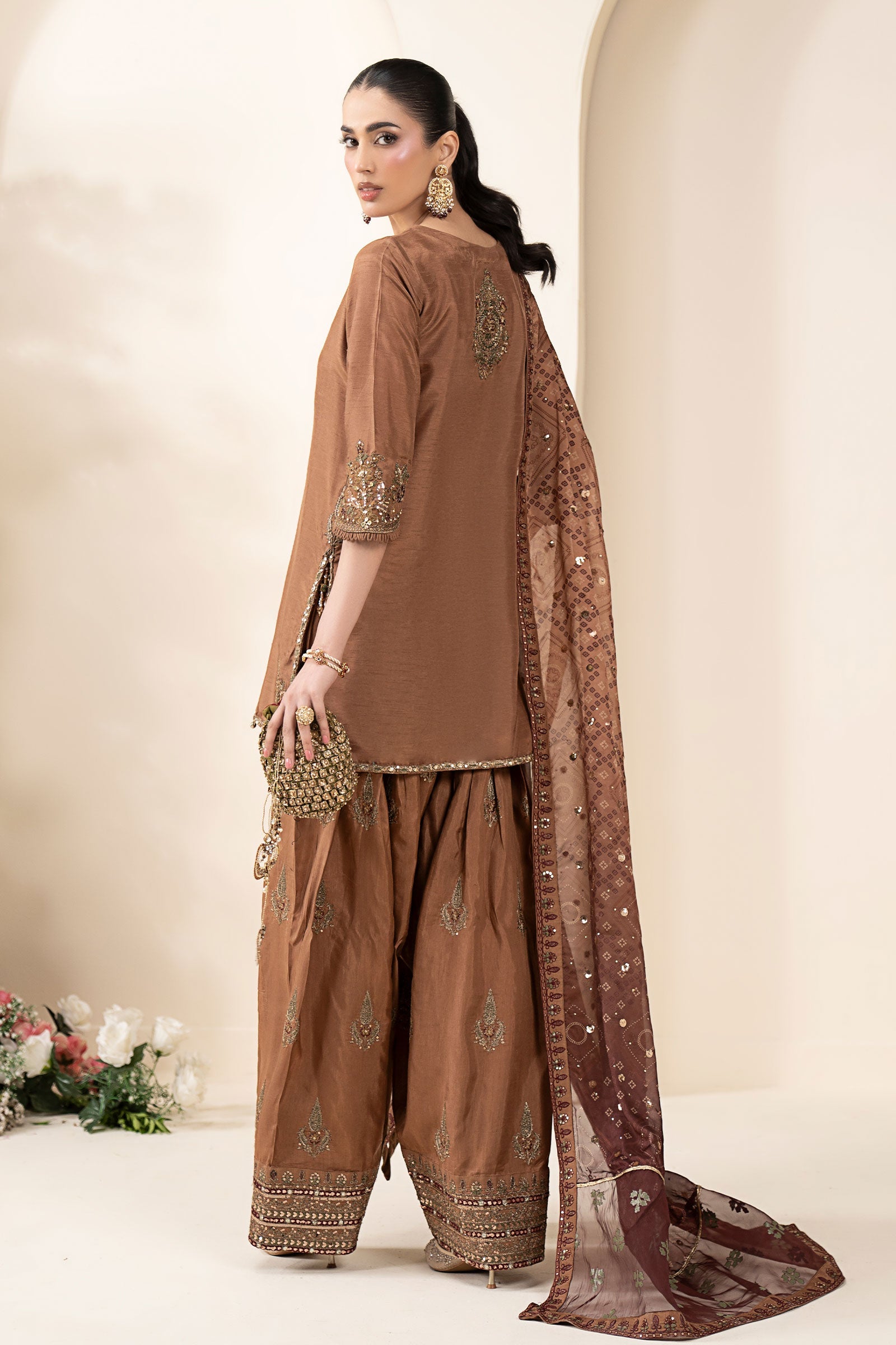 3 Piece Embroidered Raw Silk Suit