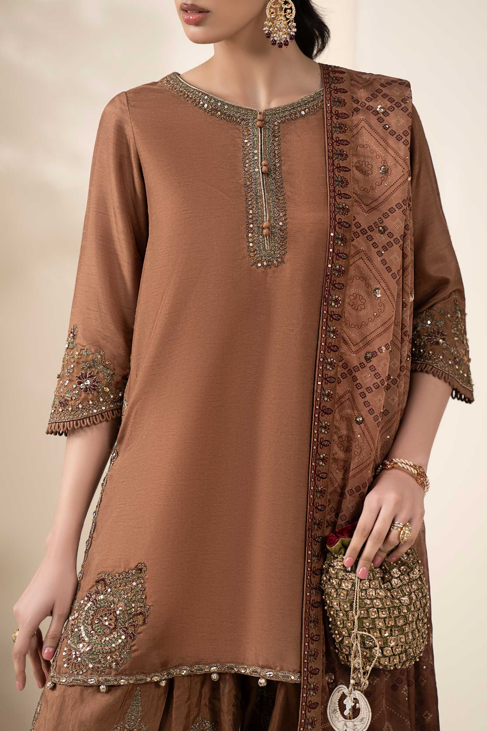 3 Piece Embroidered Raw Silk Suit